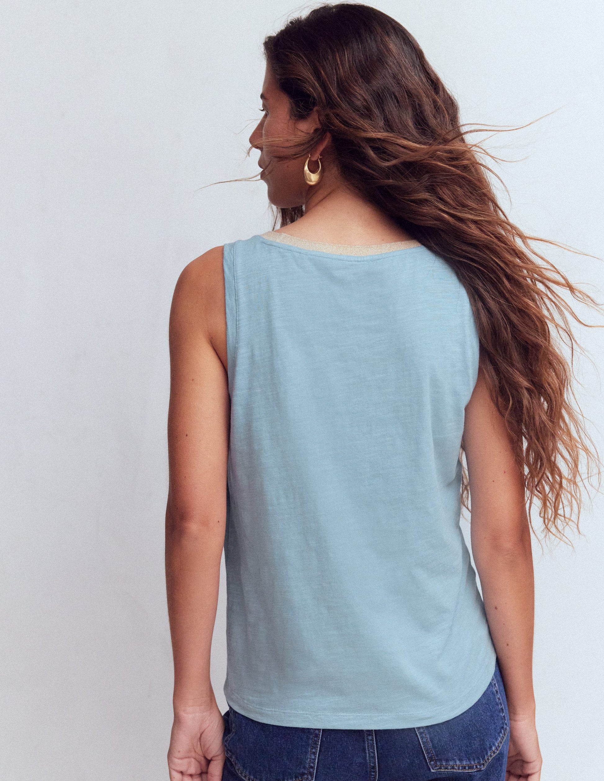 Metallic Trim Scoop Neck Vest-French Blue-3