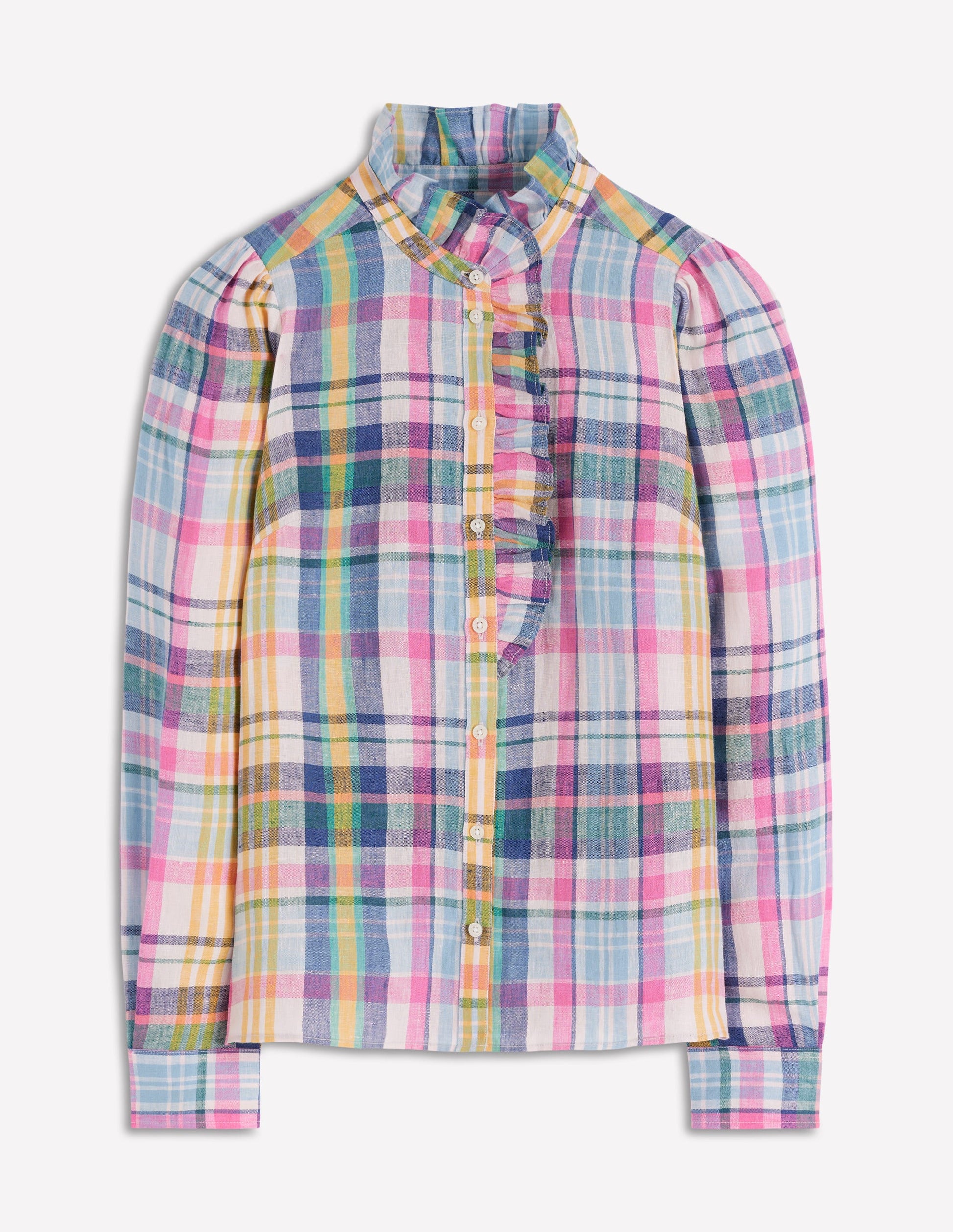 Isabel Ruffle Linen Shirt-Multi Check-5