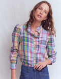 Chemise Isabel en lin à volants-Madras bleu, rose et vert