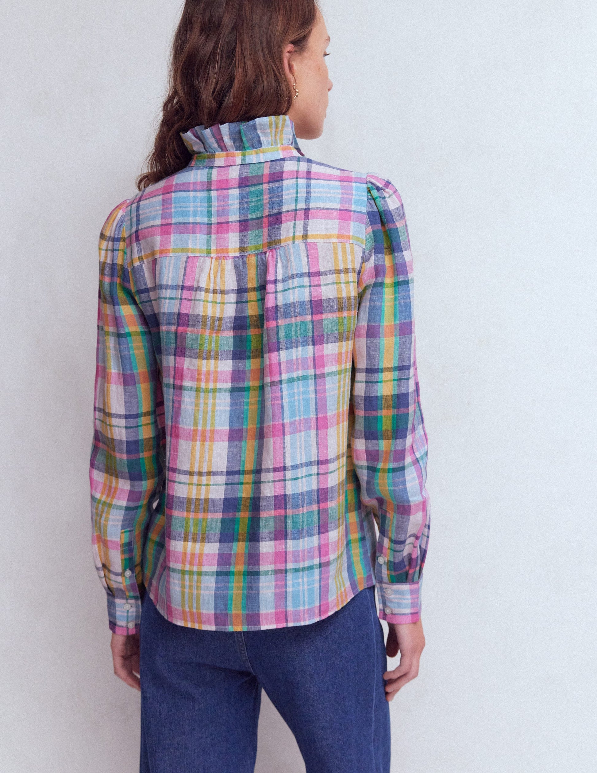 Isabel Ruffle Linen Shirt-Multi Check-3