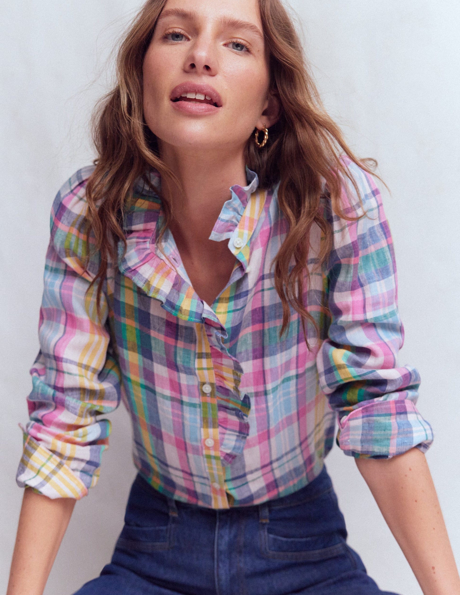 Isabel Ruffle Linen Shirt-Multi Check-4