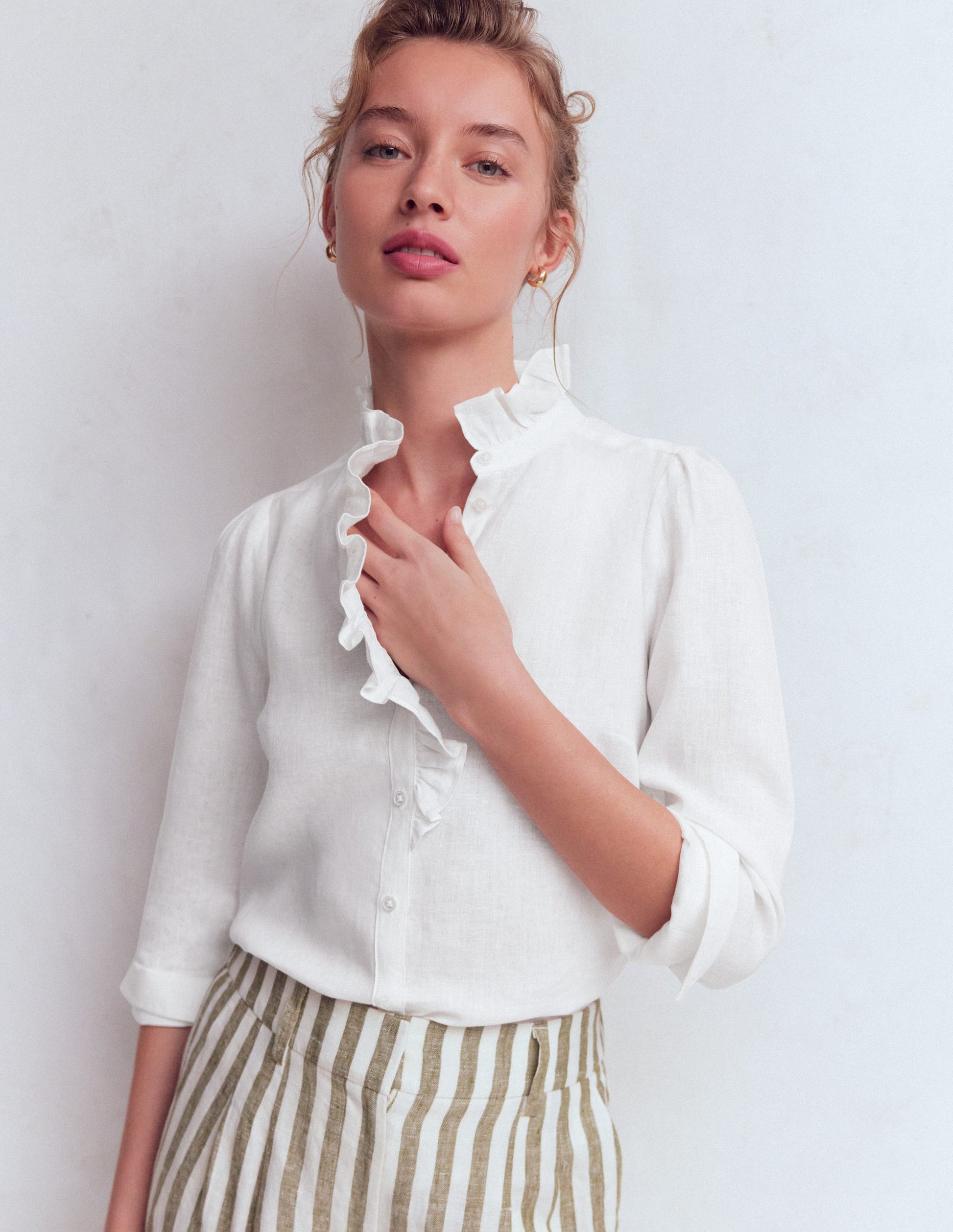 Isabel Ruffle Linen Shirt-White-1
