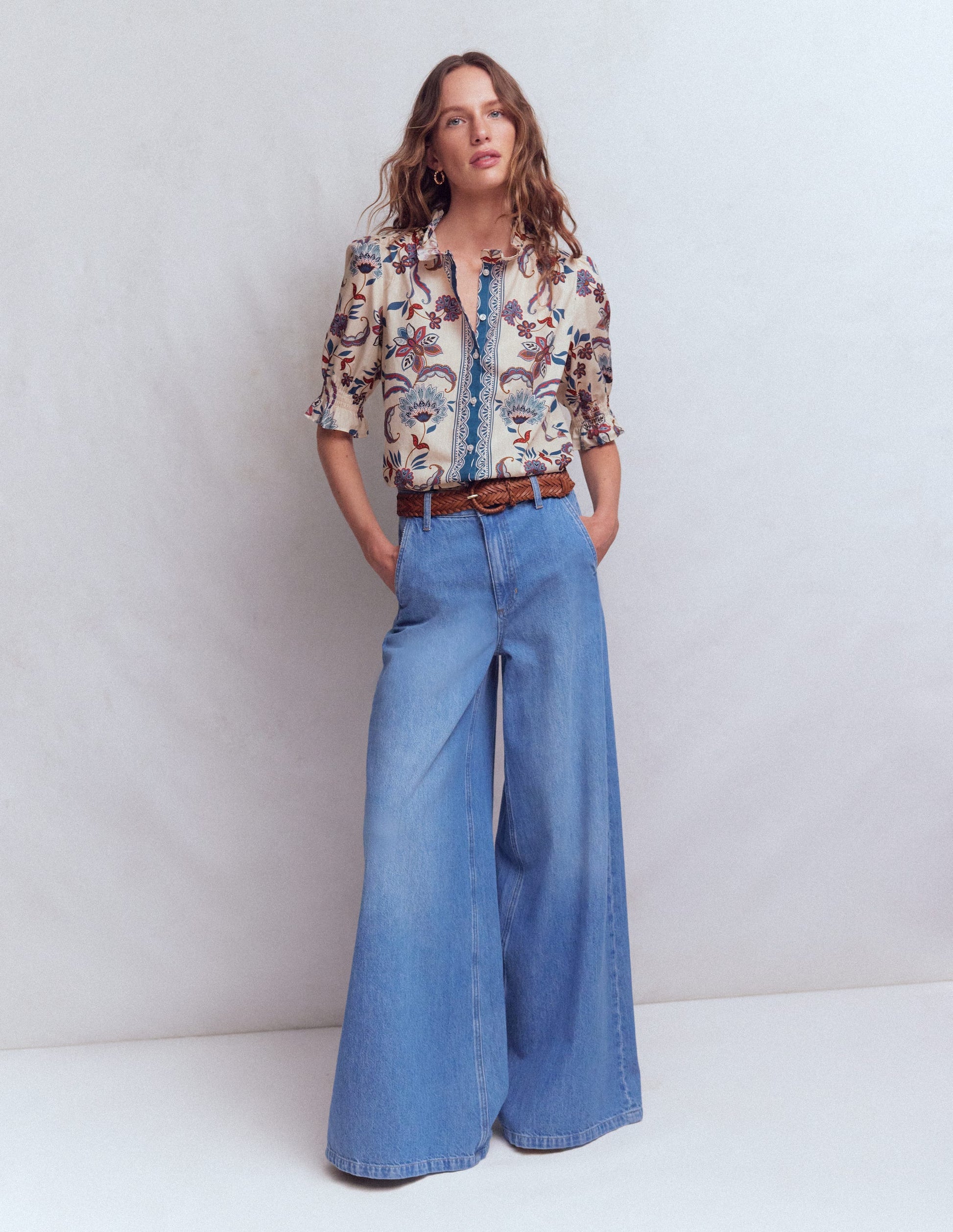 Heather Bedrucktes Baumwolloberteil-Blau Blumenmuster-2