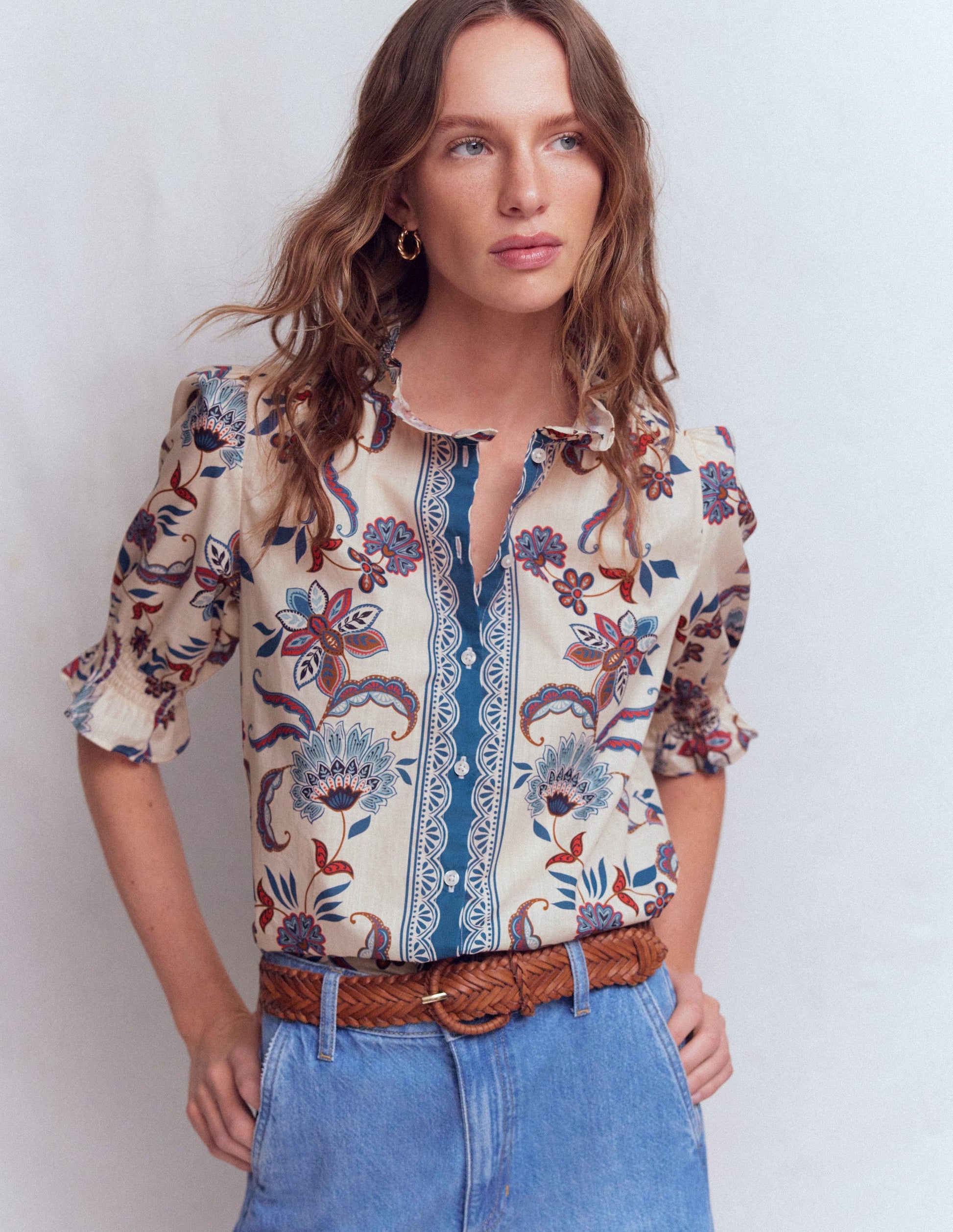 Heather Bedrucktes Baumwolloberteil-Blau Blumenmuster-3