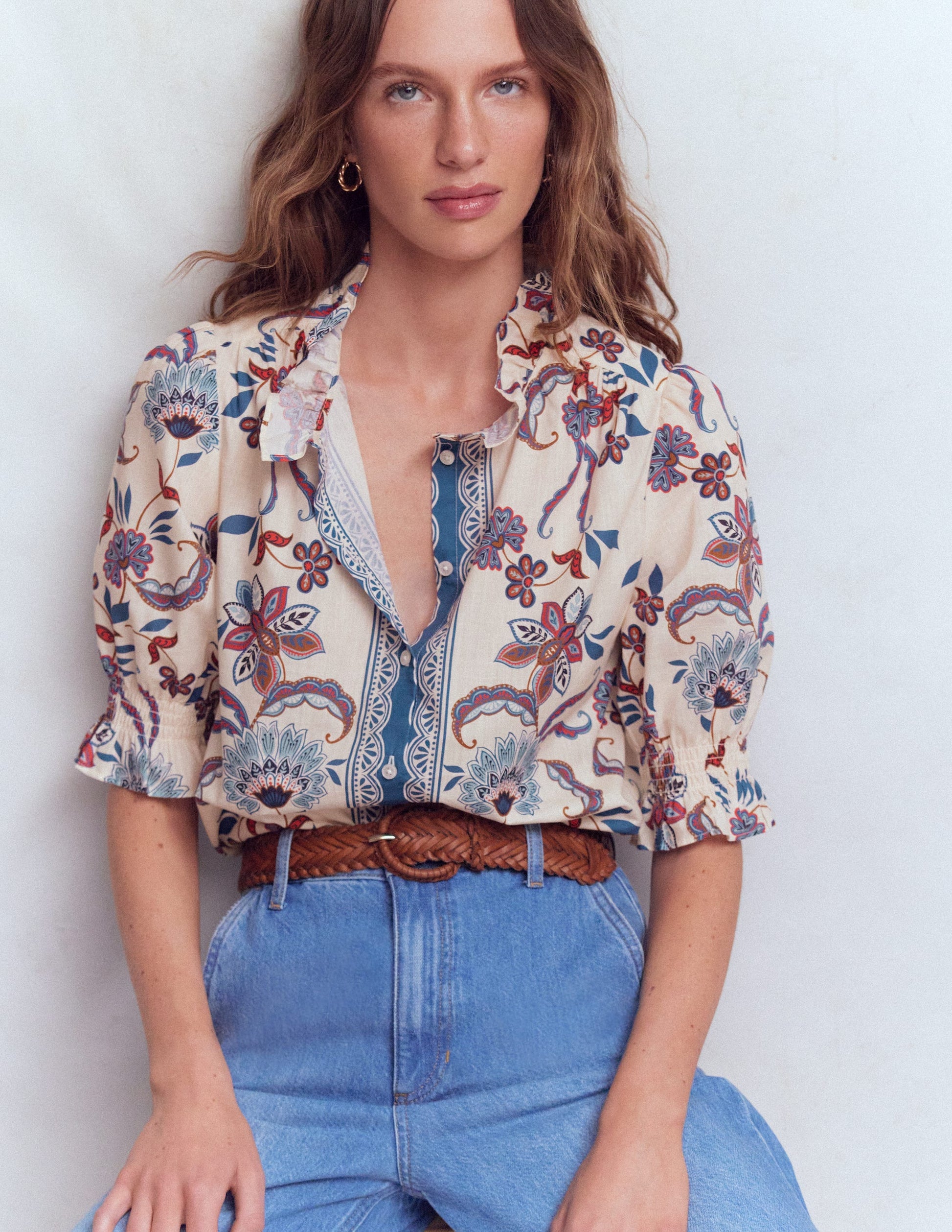 Heather Bedrucktes Baumwolloberteil-Blau Blumenmuster-5