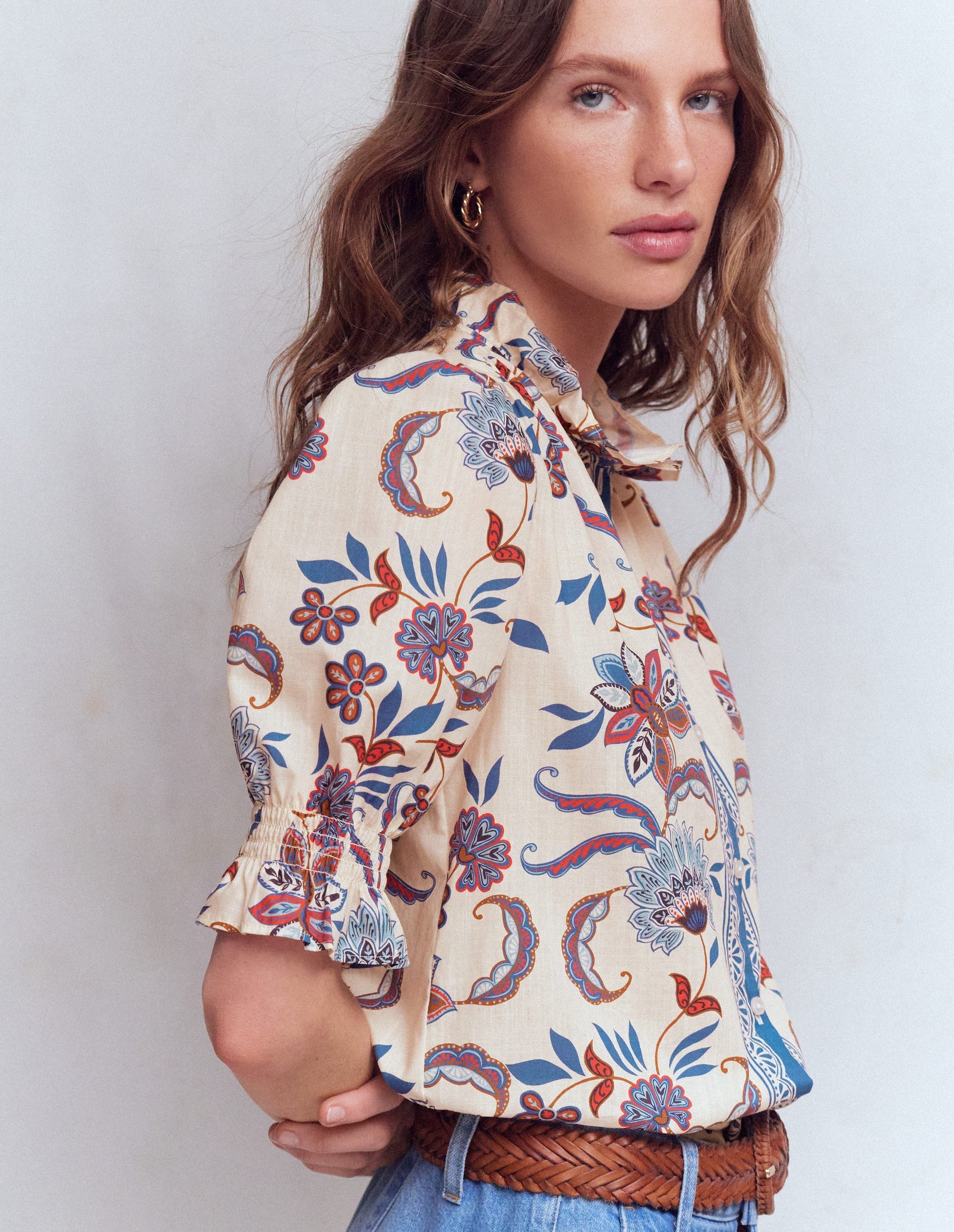 Heather Bedrucktes Baumwolloberteil-Blau Blumenmuster-6