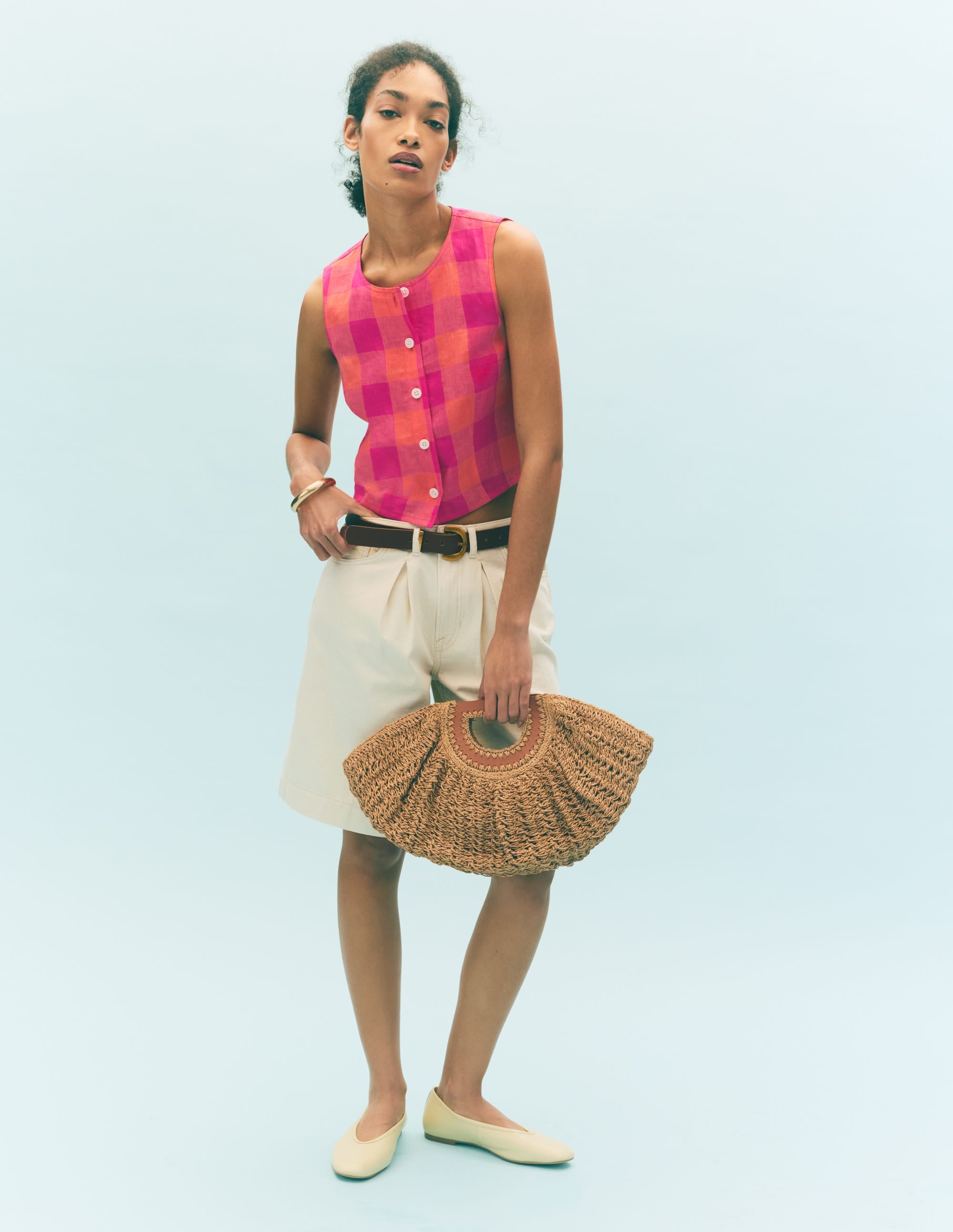 Andrea Linen Shell Top-Zesty Orange, Pink Gingham - Image 6
