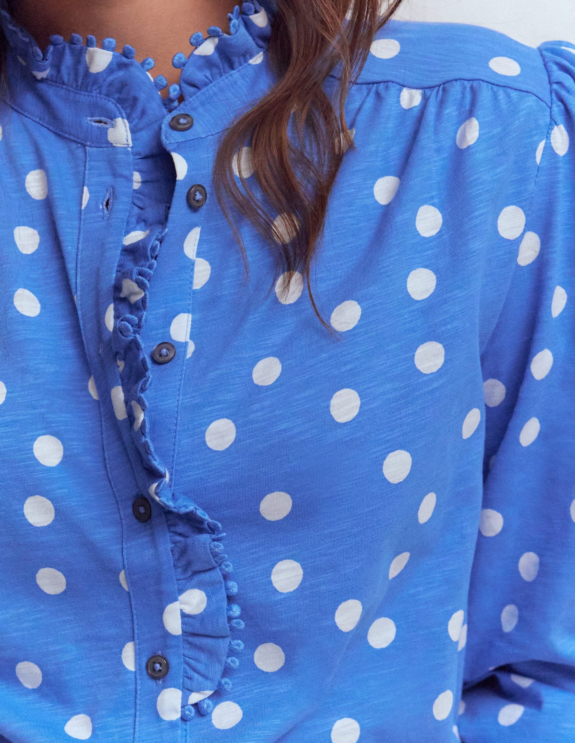 Emily Pom Detail Ruffle Shirt-Regatta, Painted Dot Spaced-2