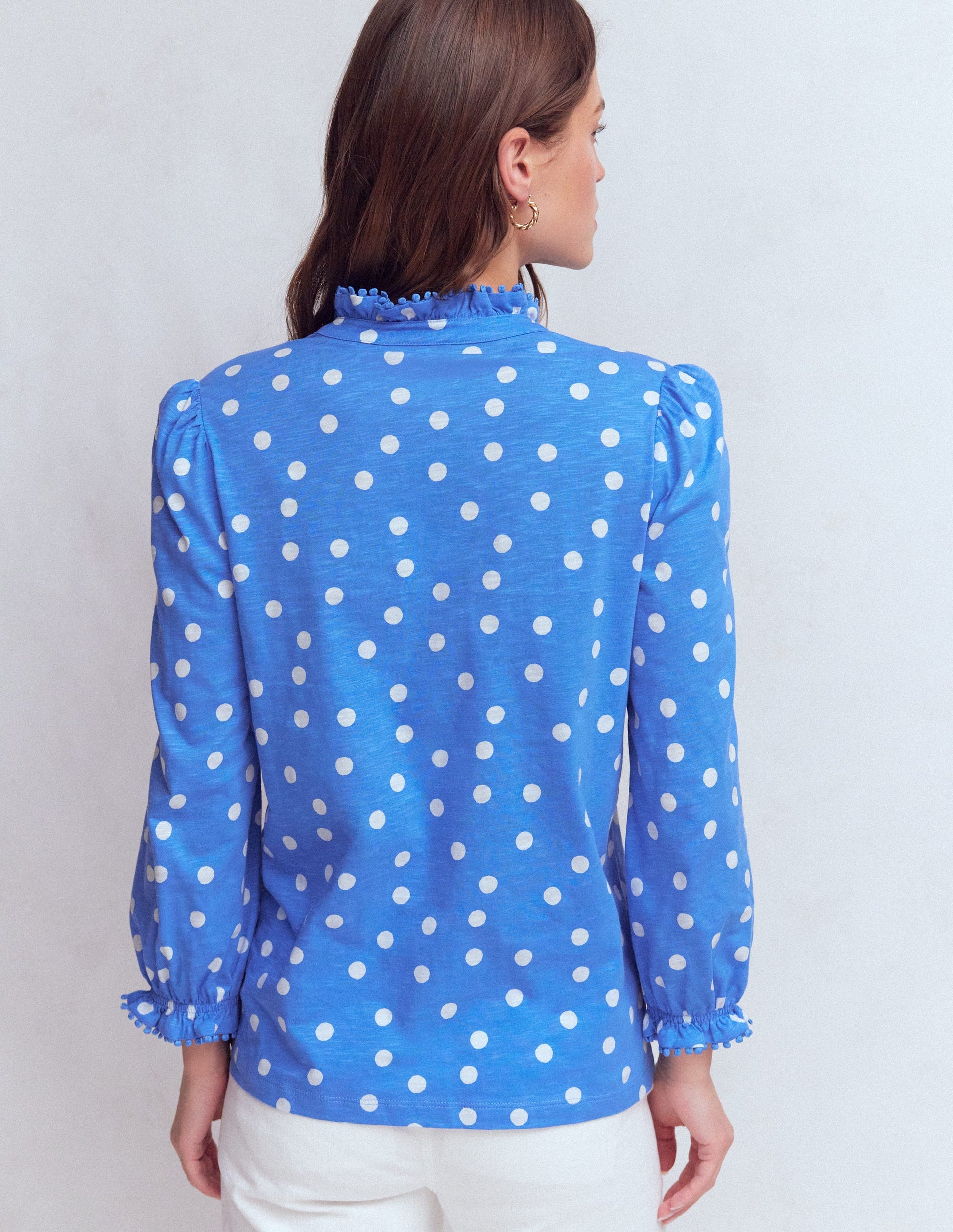 Emily Pom Detail Ruffle Shirt-Regatta, Painted Dot Spaced-3