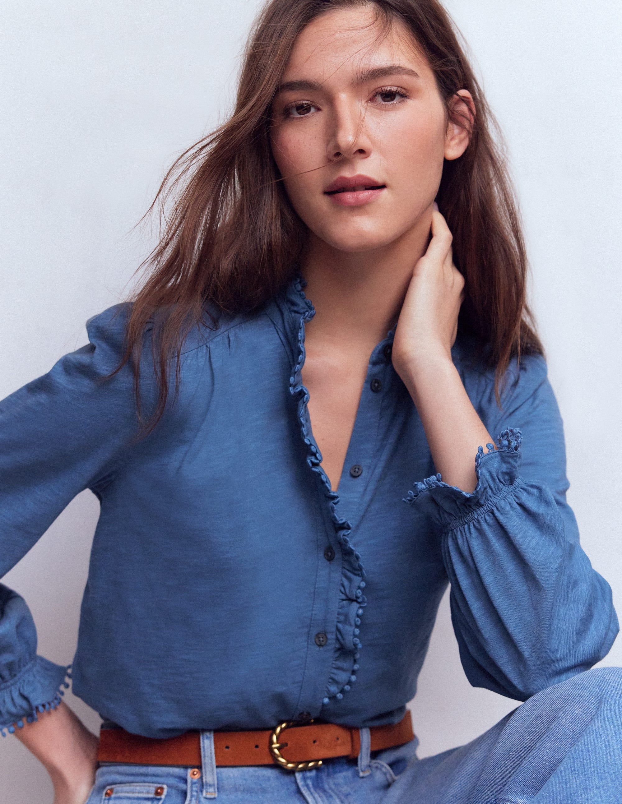 Emily Rüschenhemd mit Bommelbesatz-Denim-Blau - Image 1