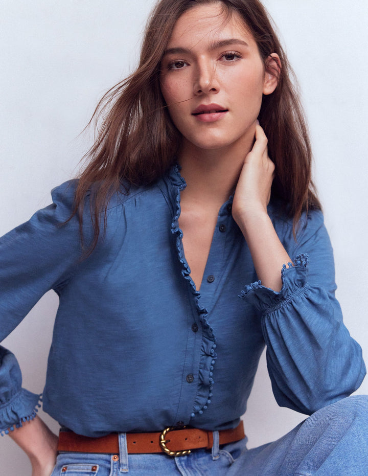 Emily Pom Detail Ruffle Shirt-Denim Blue