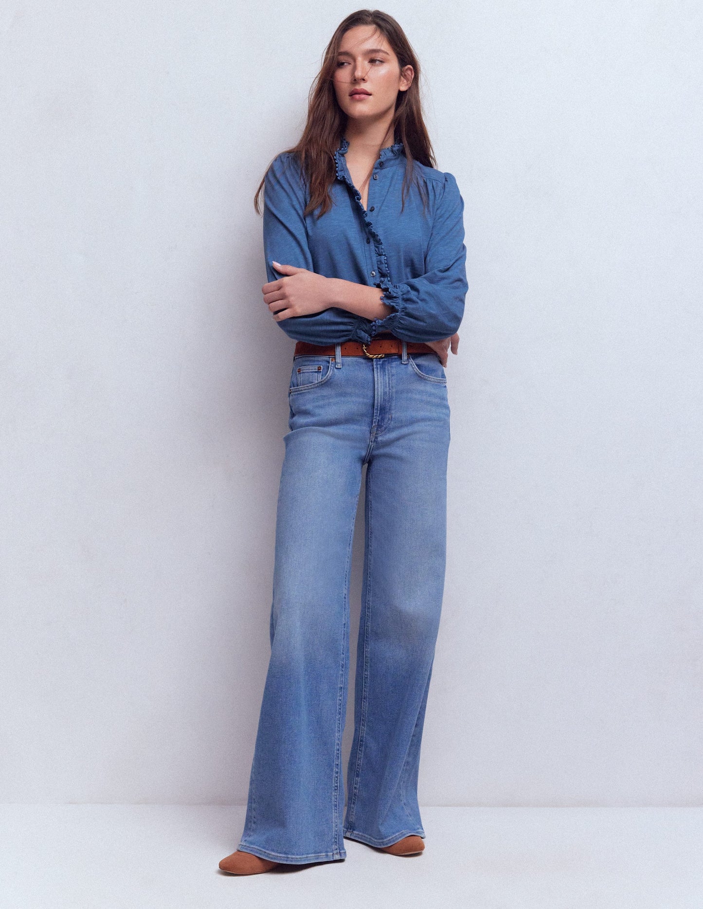 Emily Pom Detail Ruffle Shirt-True Navy