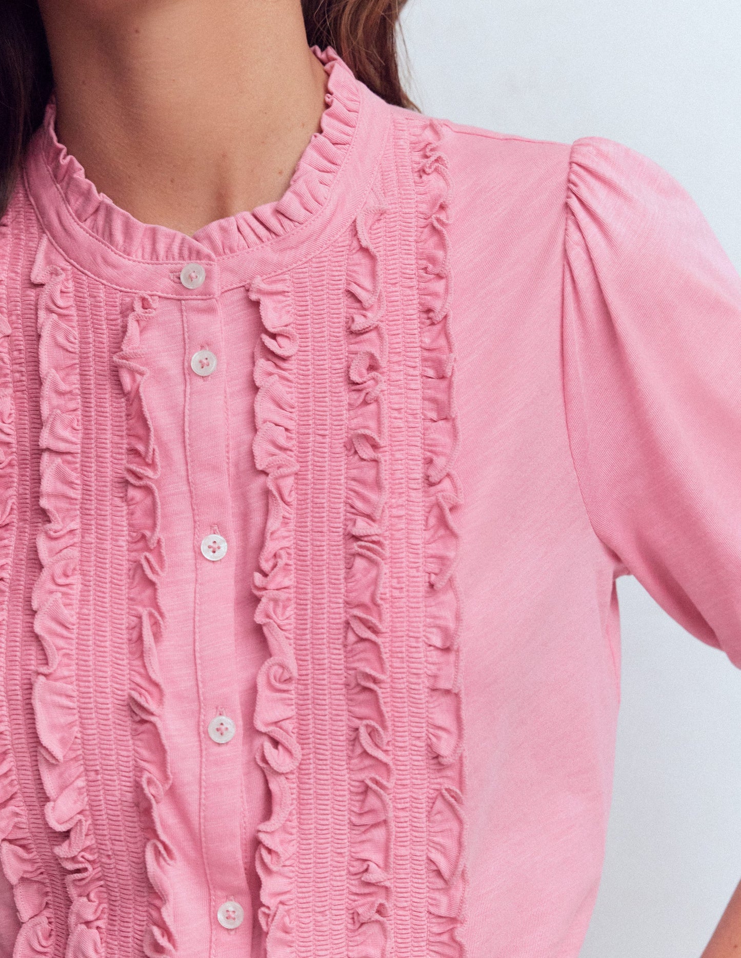 Eda Ruffle Front Shirt-Orchid Smoke