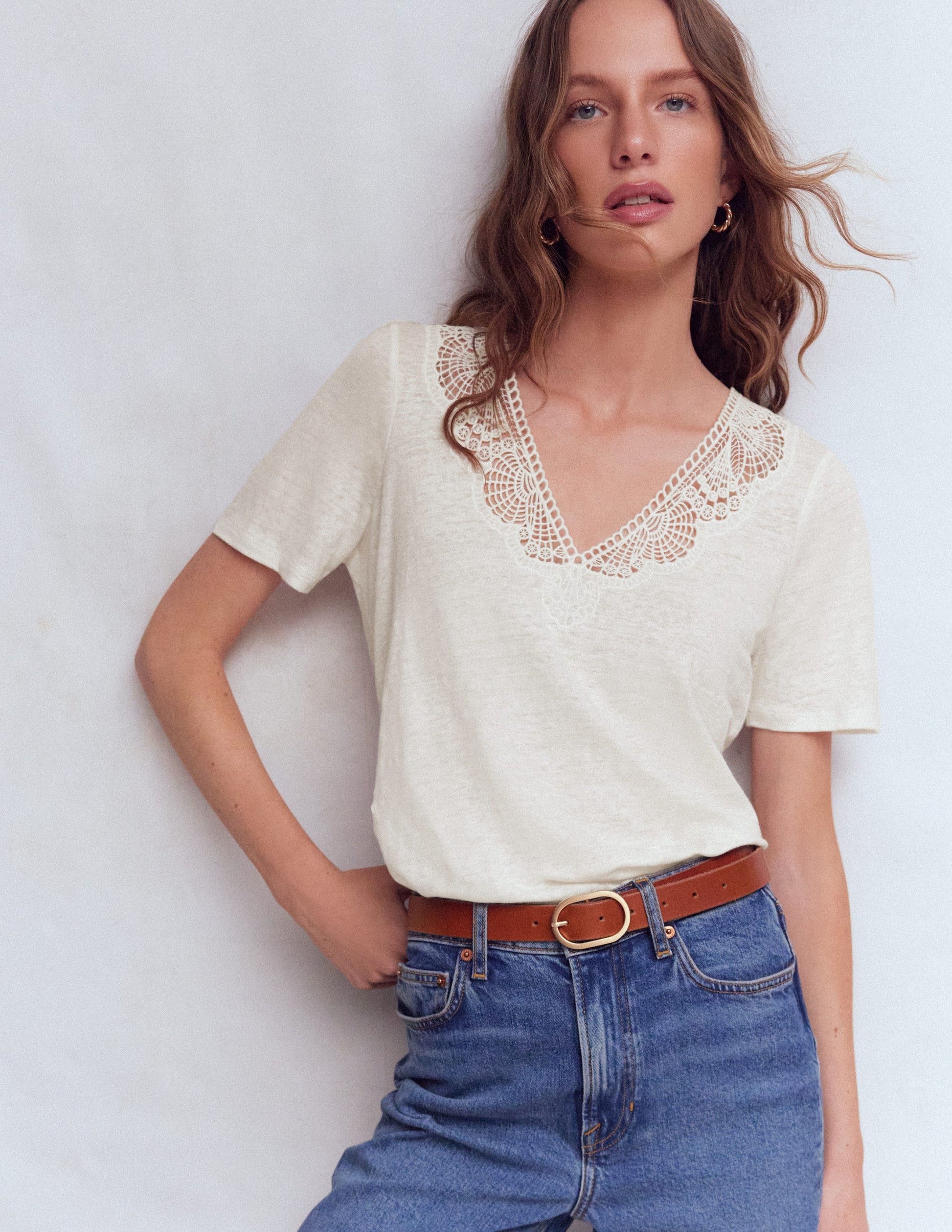Tara Lace Trim Linen T-shirt-Coconut Milk-1