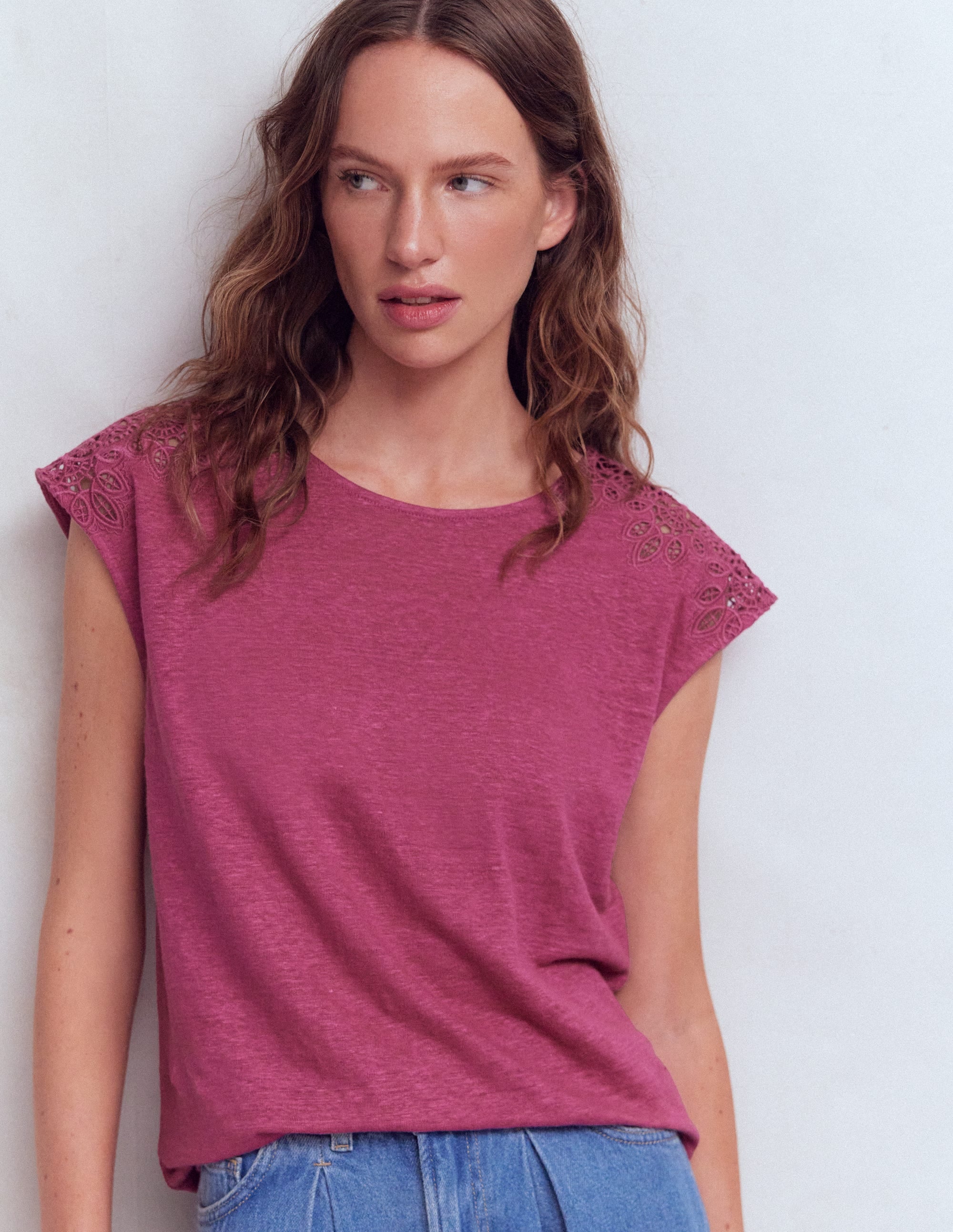 T-shirt Tara ajouré en lin-Violet prune de Damas - Image 4