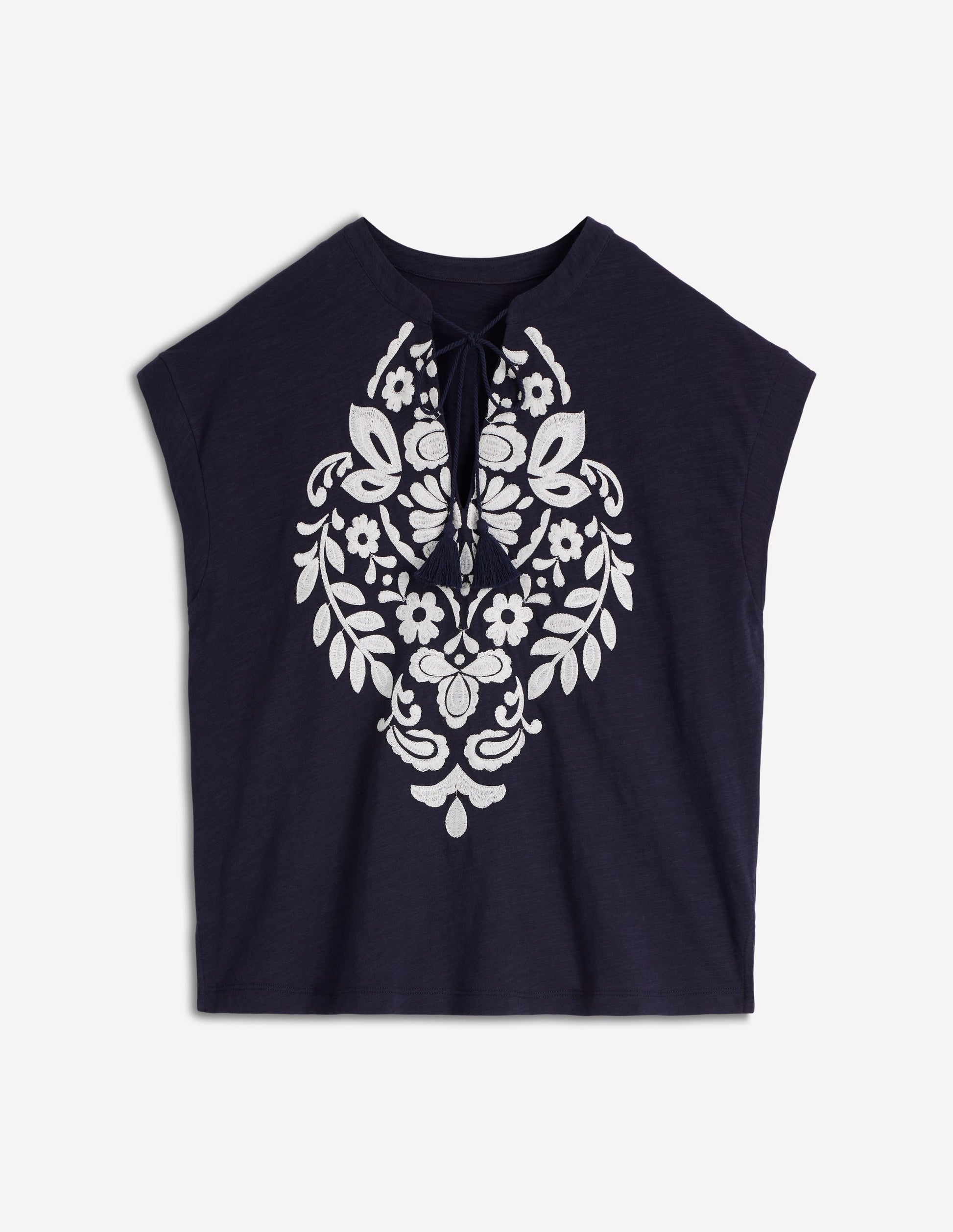 Nina Embroidered Notch T-shirt-Navy Embroidery-5