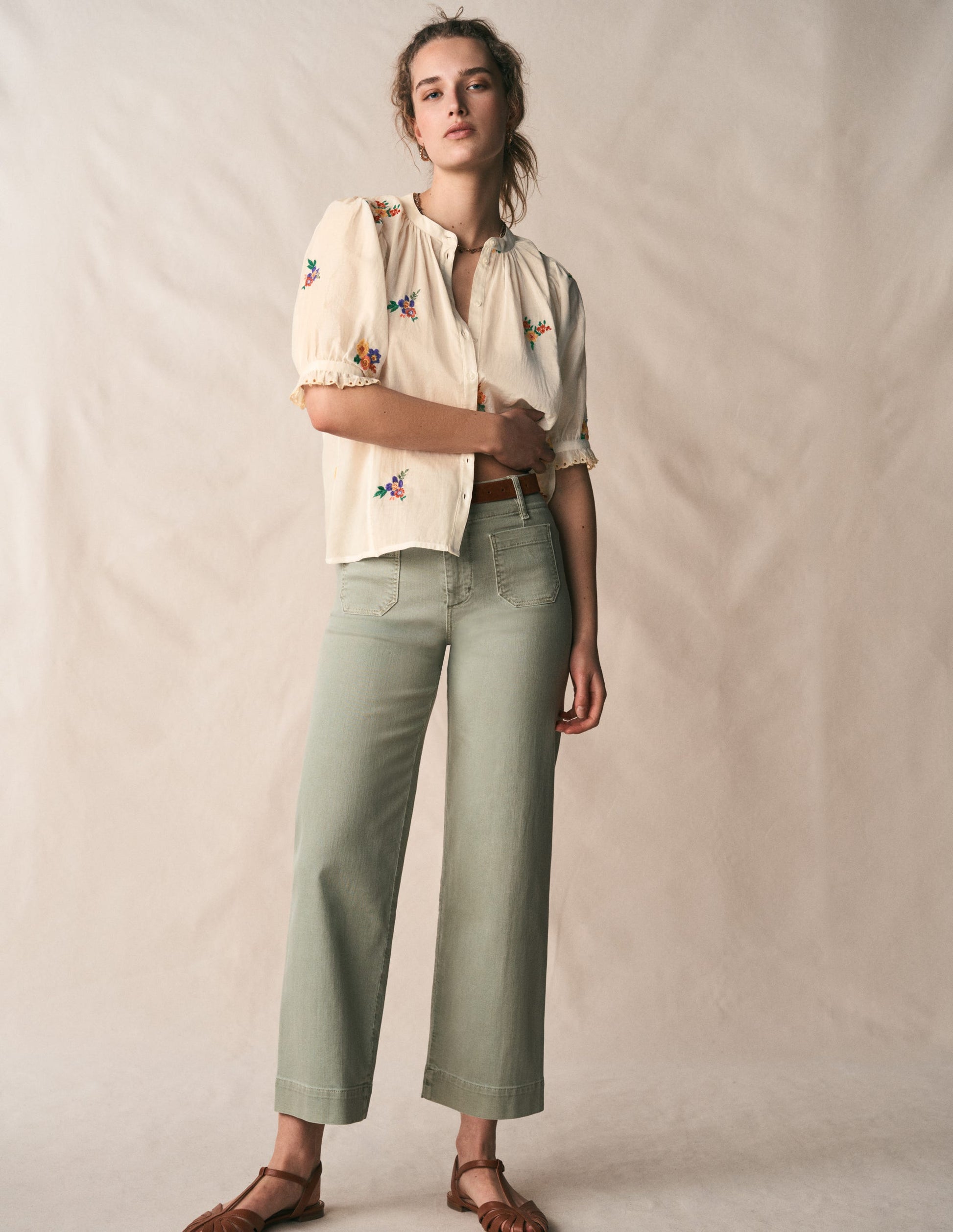 Kurzärmliges Dolman-Oberteil-Naturweiß Blumenmuster Stickerei-1