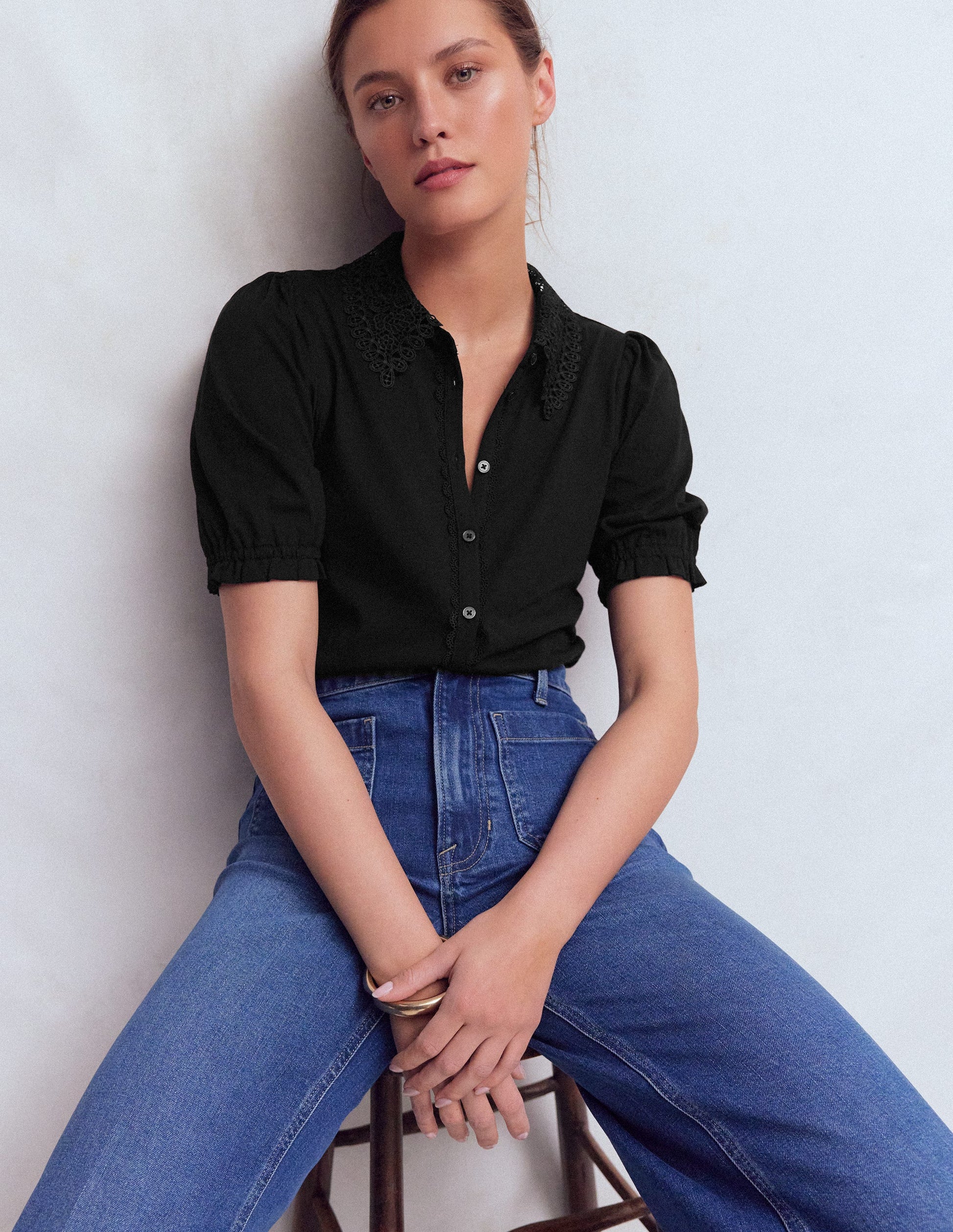 Nessa Broderie Collar Blouse-Black-1