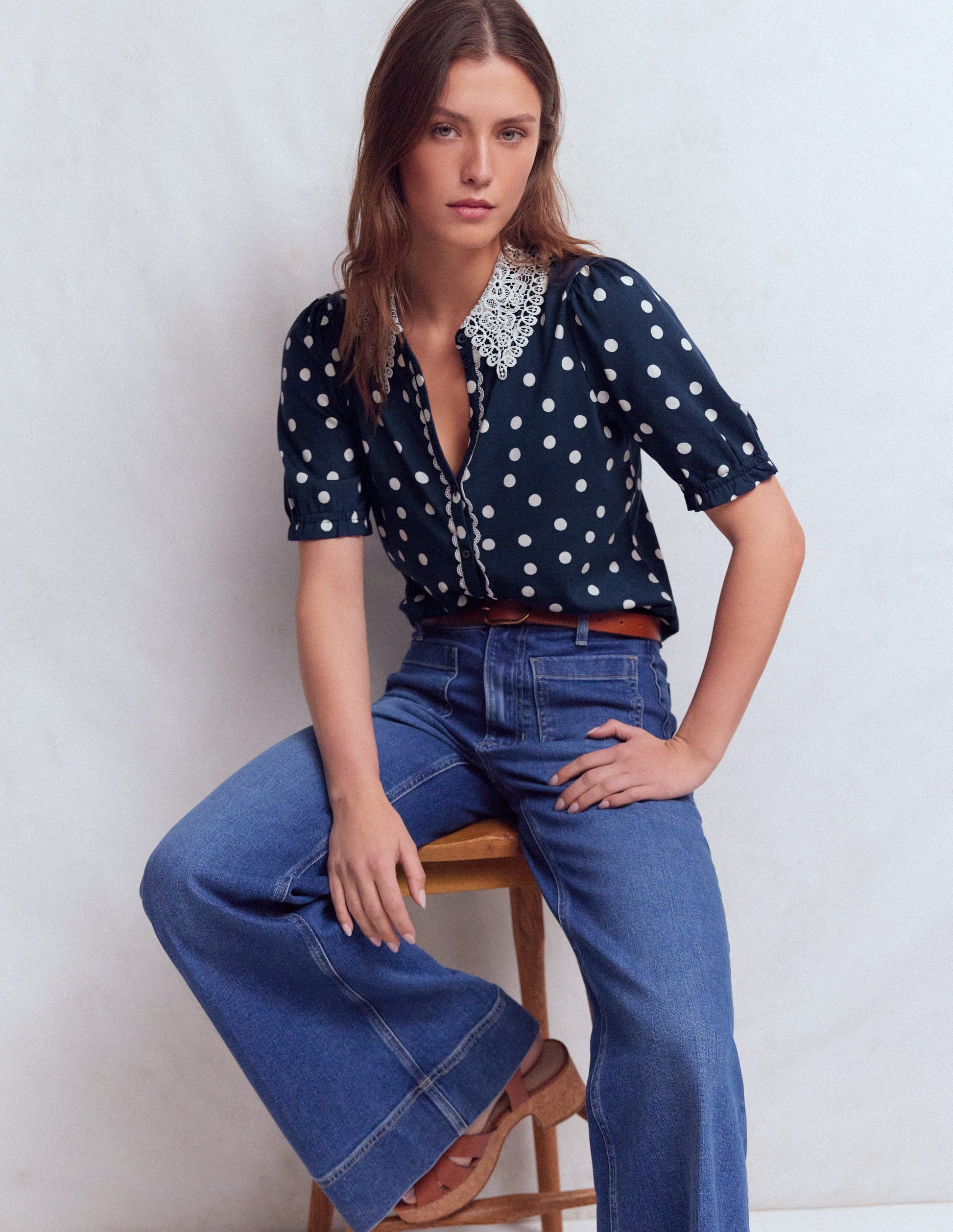 Blouse Nessa à col broderie anglaise-Imprimé pois bleu marine & ivoire-4