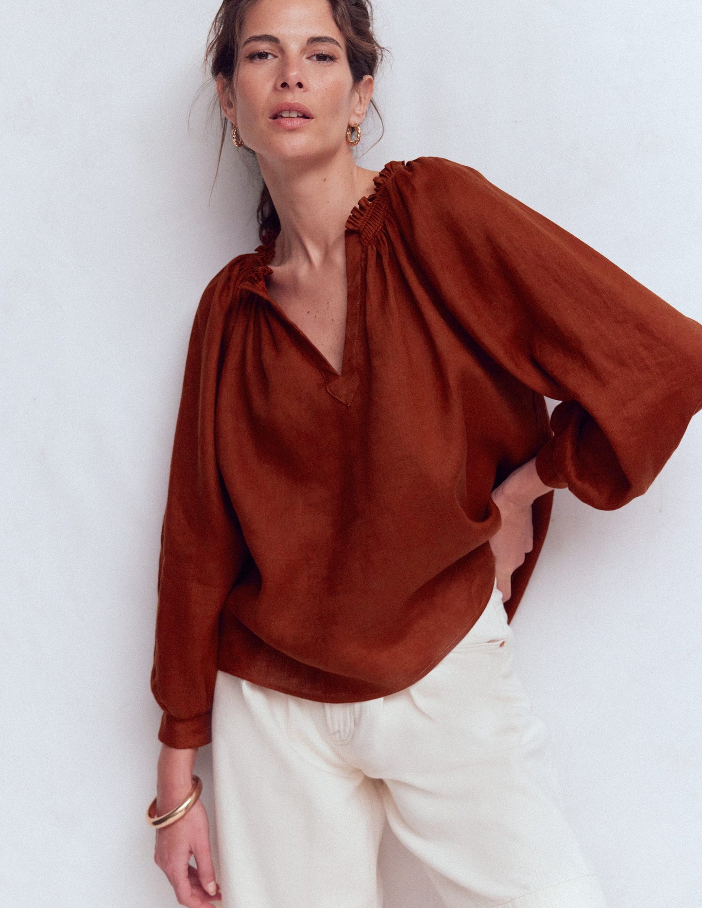 Serena Leinenoberteil mit Faltendetail am Ausschnitt-Gebranntes Henna