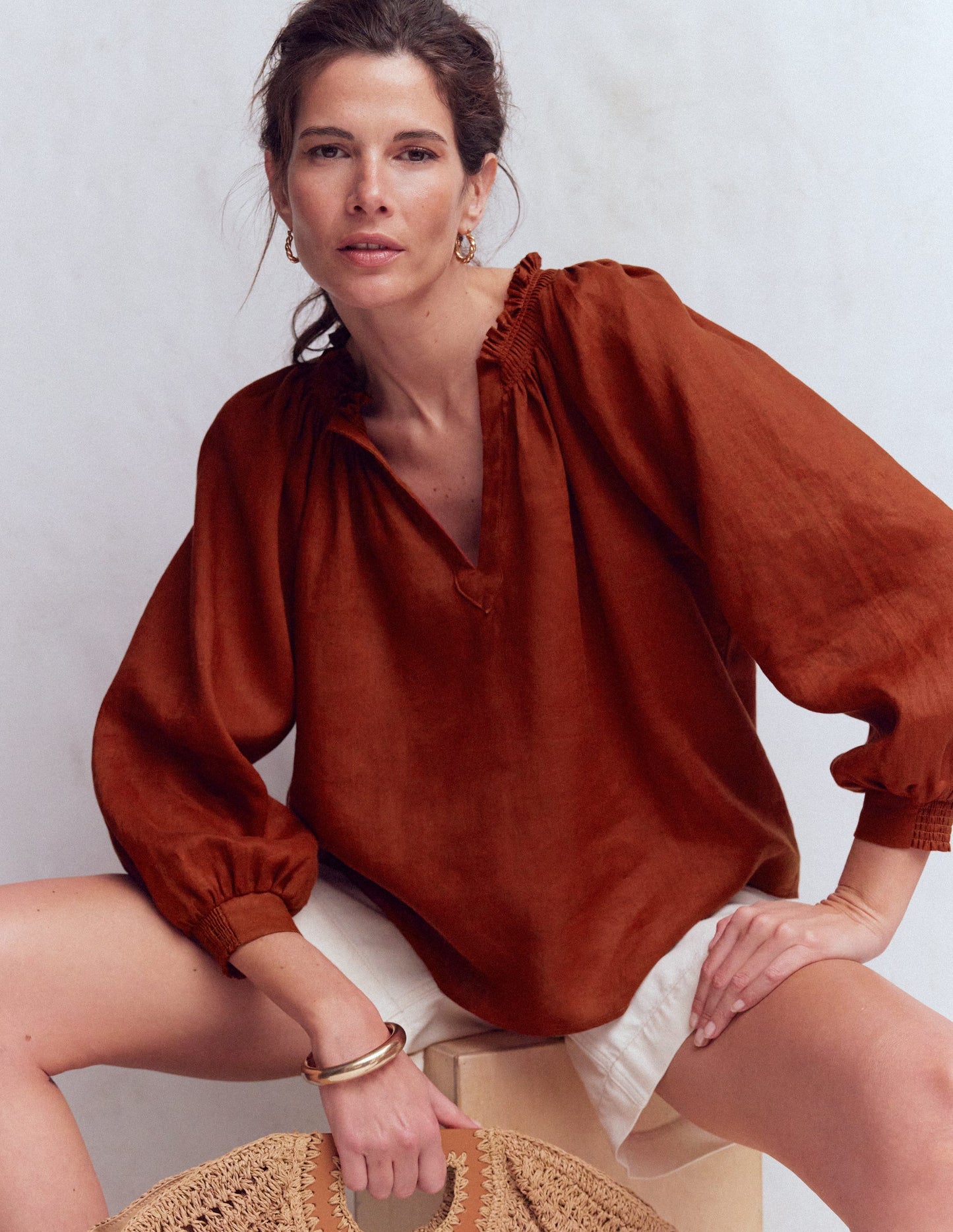 Serena Leinenoberteil mit Faltendetail am Ausschnitt-Gebranntes Henna