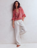 Top Serena en lin à col plissé-Rouge, motif Enchanting Paisley