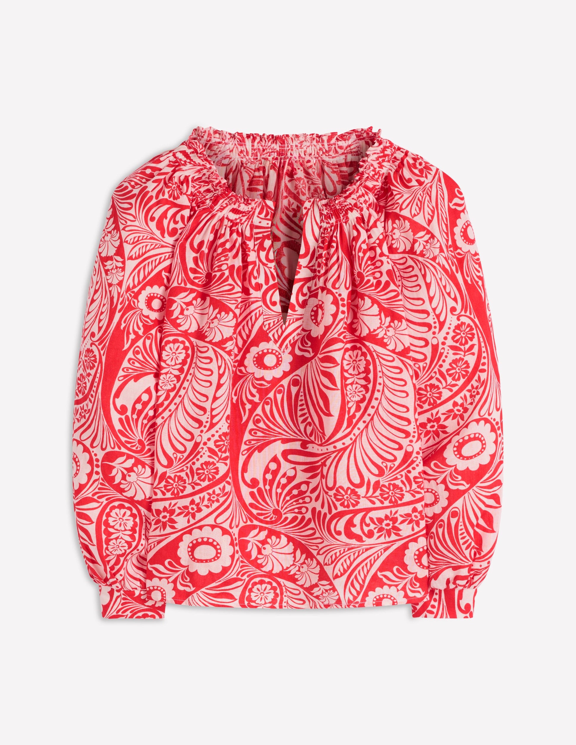 Serena Leinenoberteil mit Faltendetail am Ausschnitt-Rot, Verwunschenes Paisleymuster-6