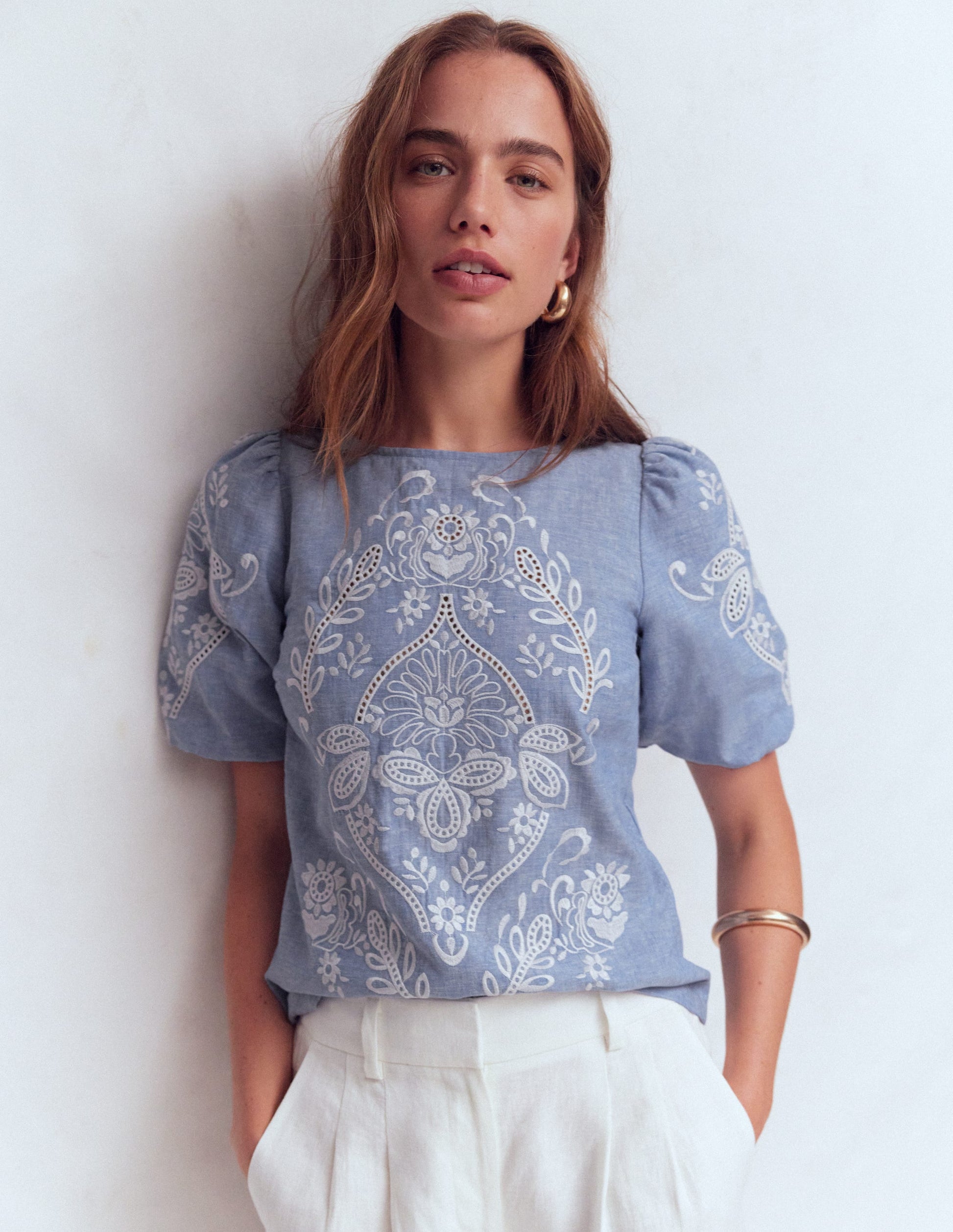 Linen Puff Sleeve Top-Chambray-1