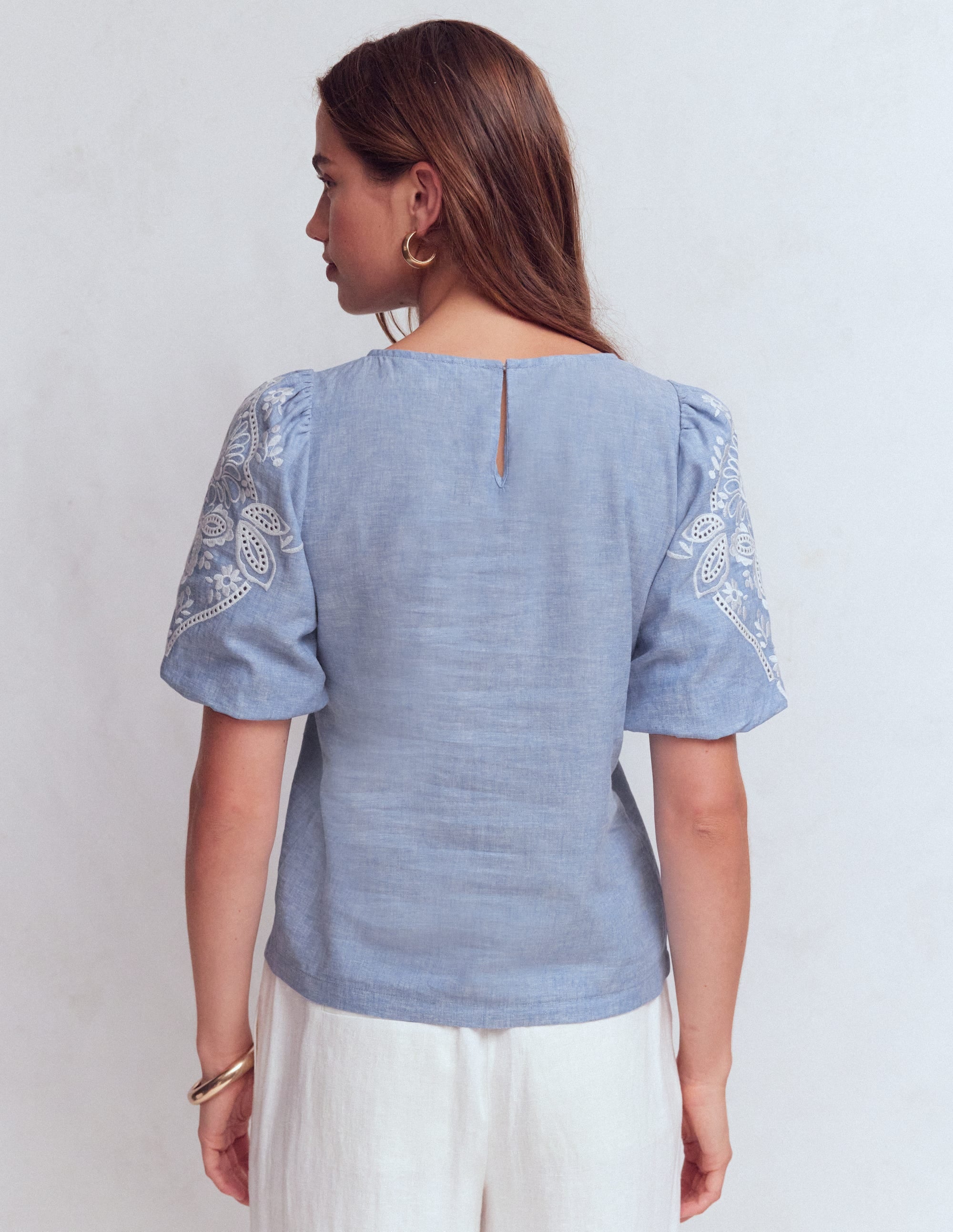 Oberteil aus Leinen mit Puffärmeln-Blauer Faux-Uni - Image 3