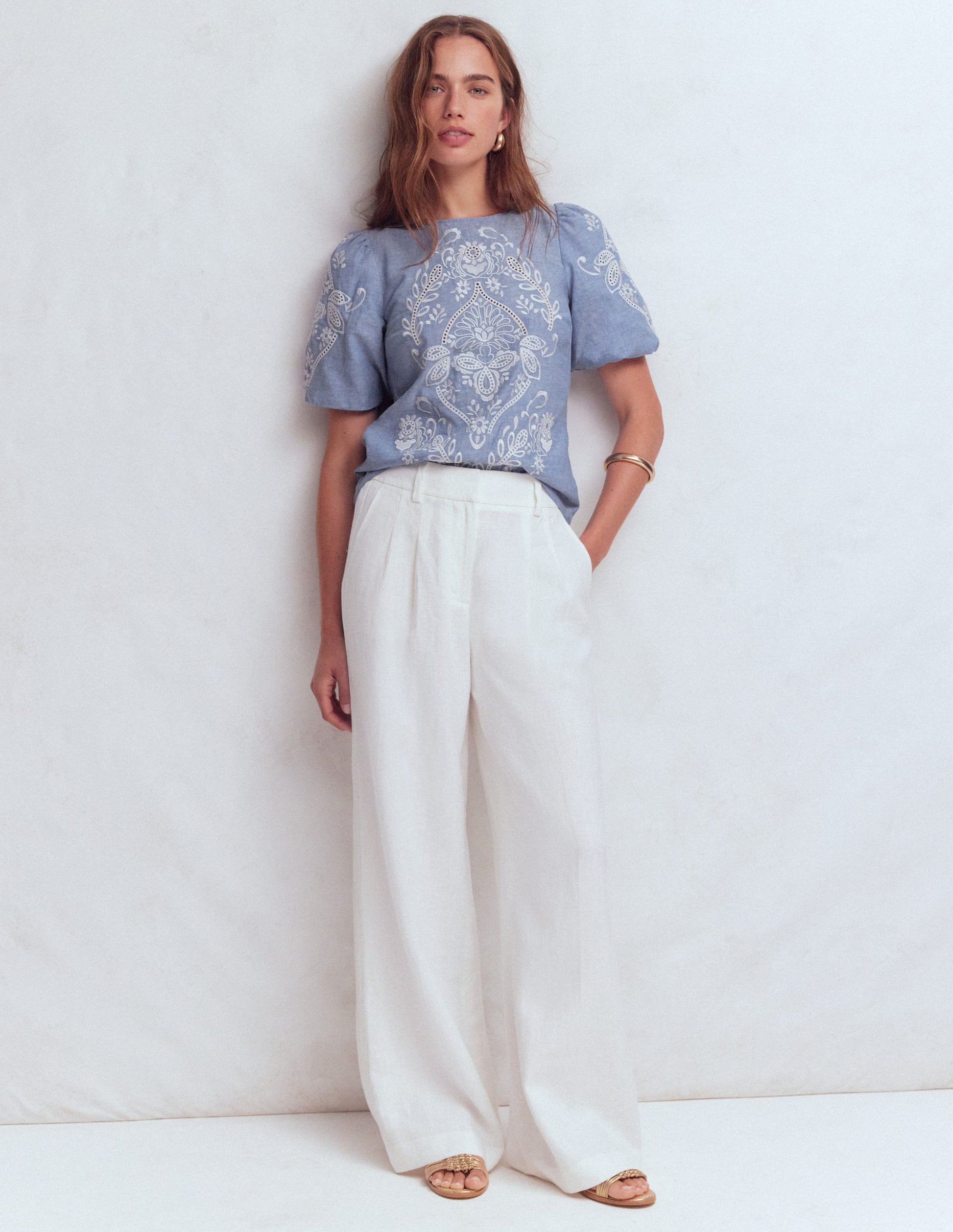 Linen Puff Sleeve Top-Chambray-4