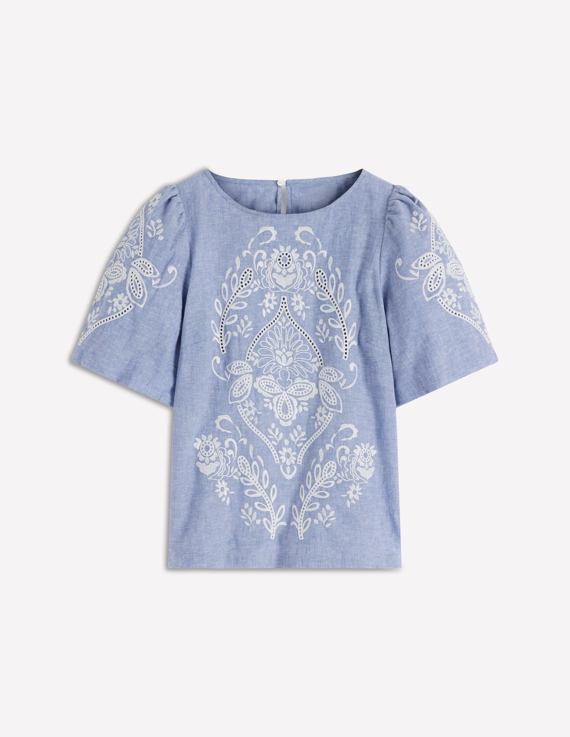 Oberteil aus Leinen mit Puffärmeln-Blauer Faux-Uni - Image 5