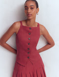 Gilet de costume col carré en lin-Châtaigne profonde