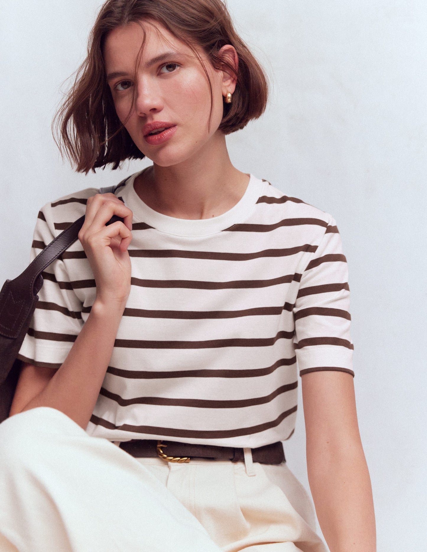 Relaxed Cotton T-shirt-Brown and Ivory Stripe