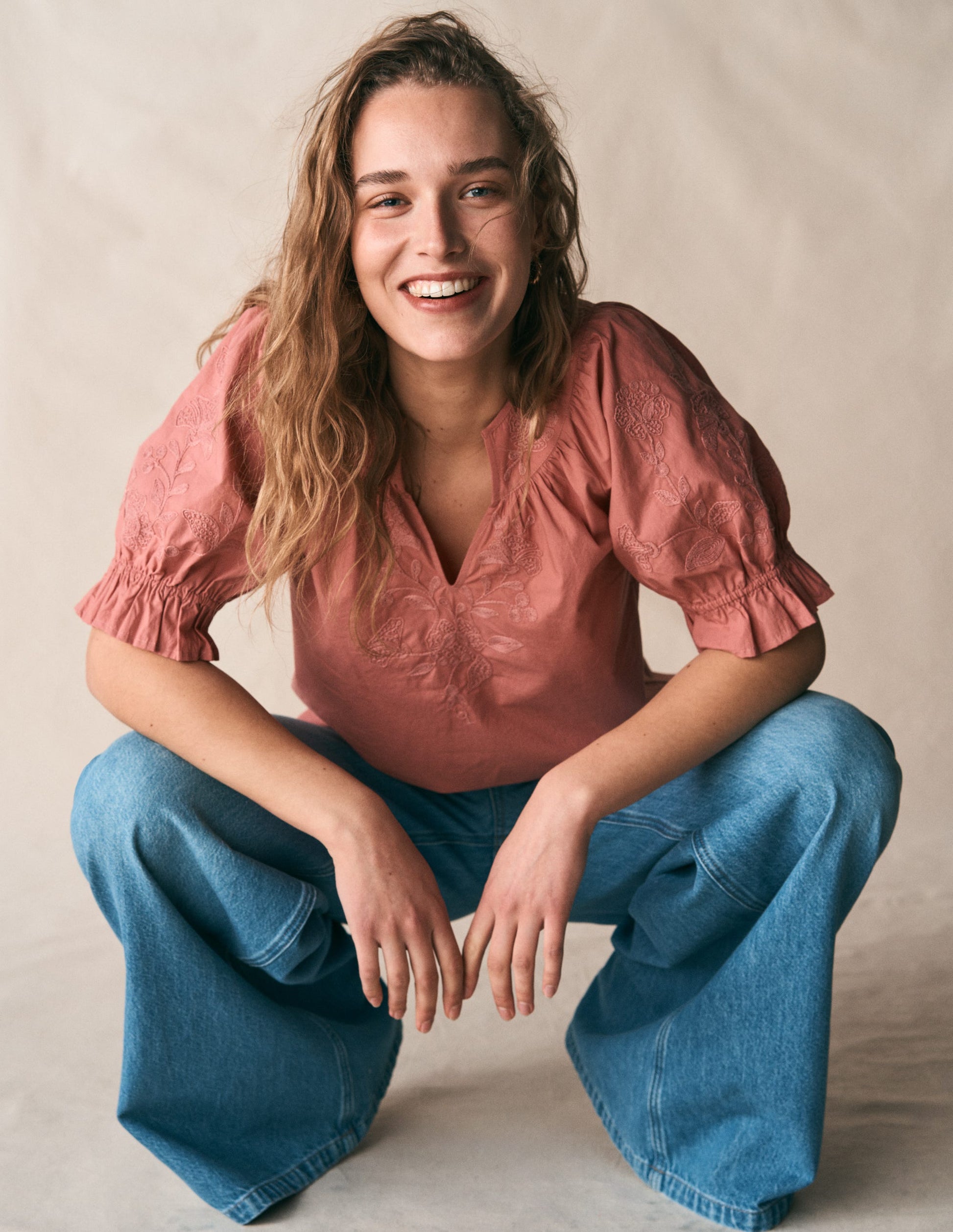 Baumwolloberteil mit bestickter Passe-Vintage-Rosa Bestickt-3