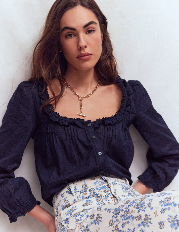 Rüschenoberteil mit tiefem Rundhalsausschnitt-Marineblau