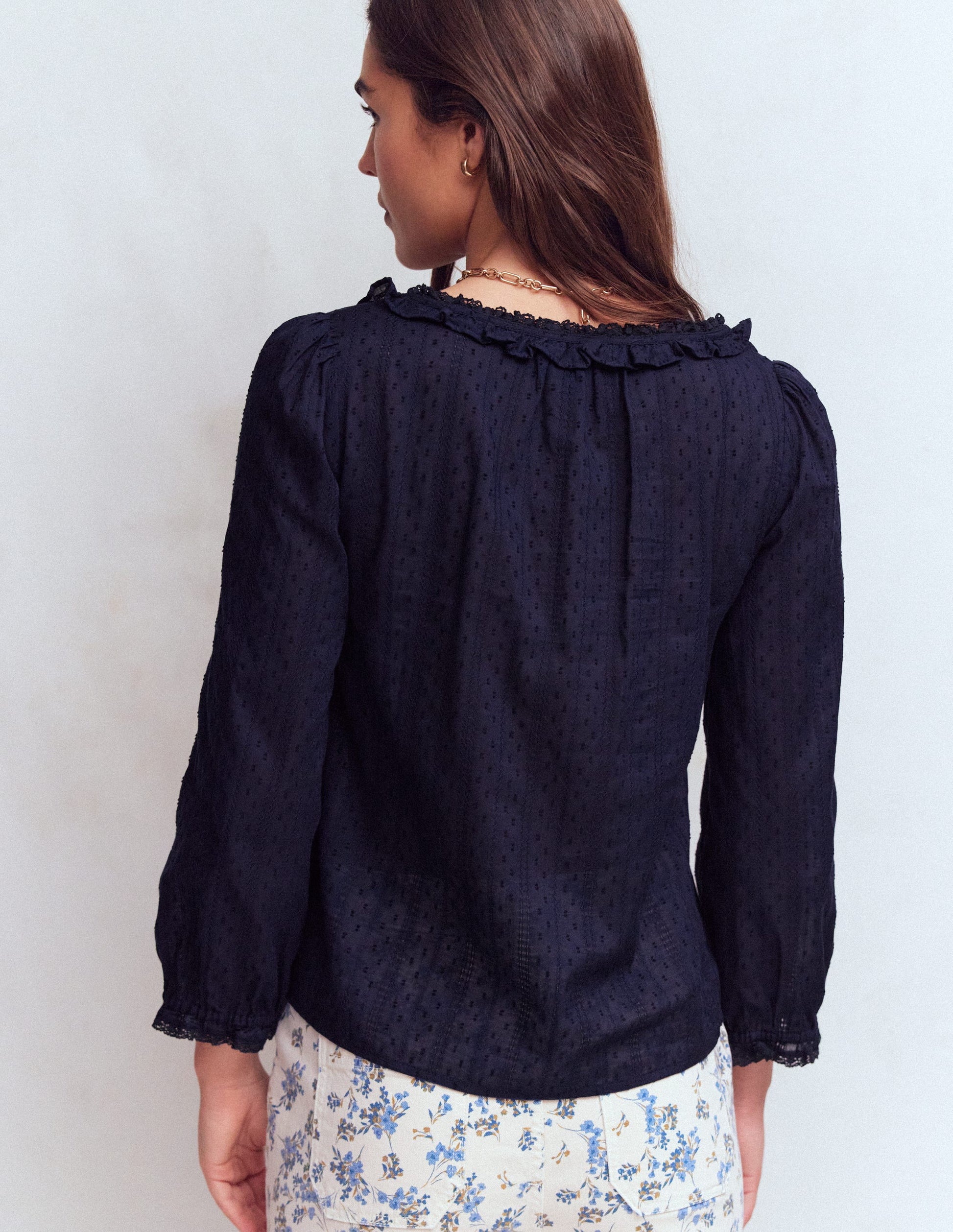 Rüschenoberteil mit tiefem Rundhalsausschnitt-Marineblau-3