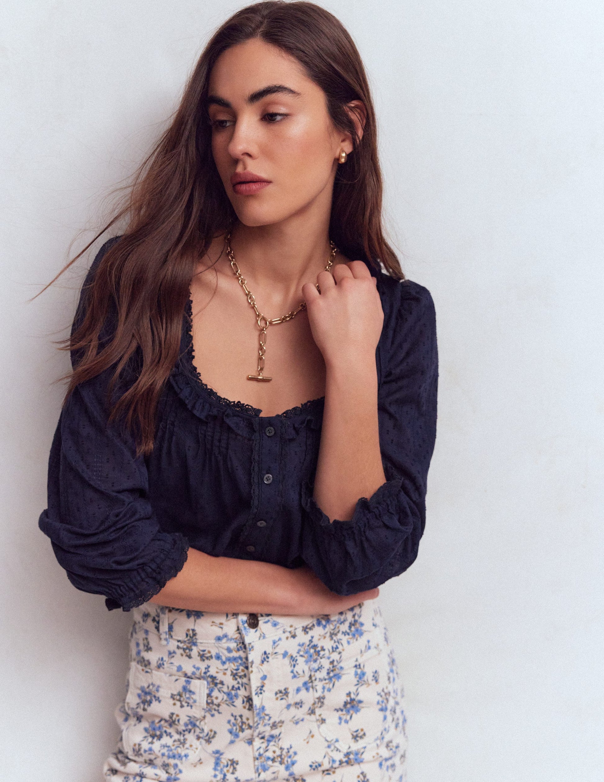 Rüschenoberteil mit tiefem Rundhalsausschnitt-Marineblau-4