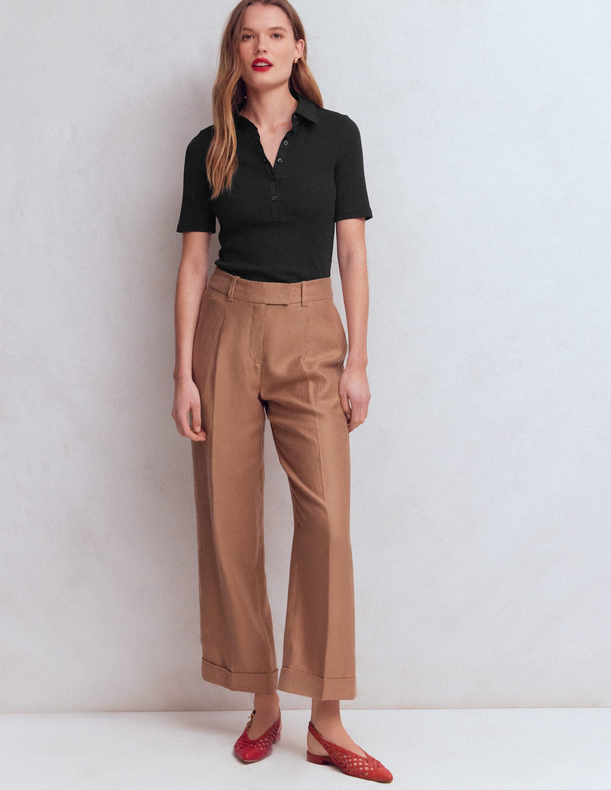 Geripptes Henley-Shirt mit Kragen-Schwarz-4