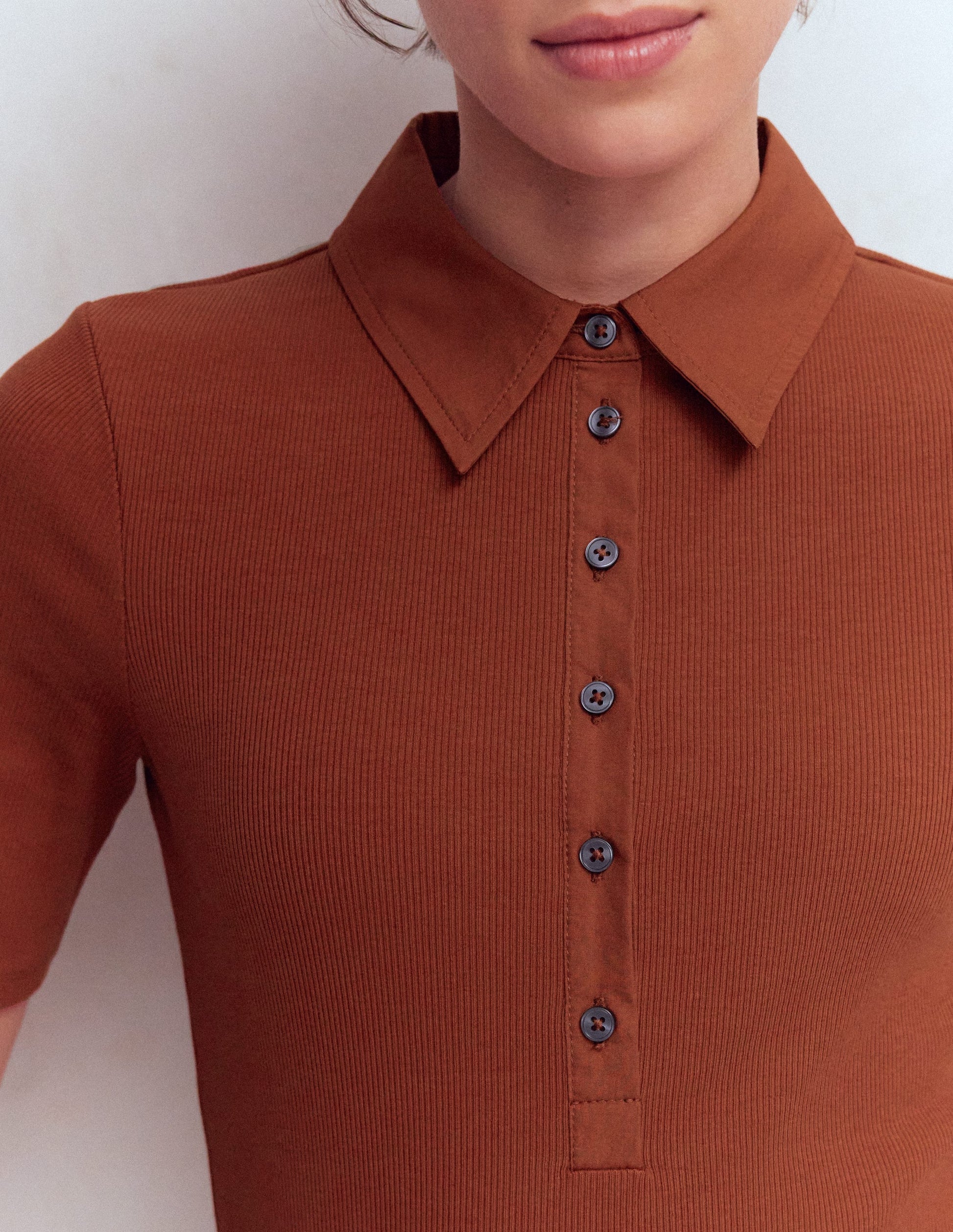 Collared Ribbed Henley Top-Burnt Orange-2