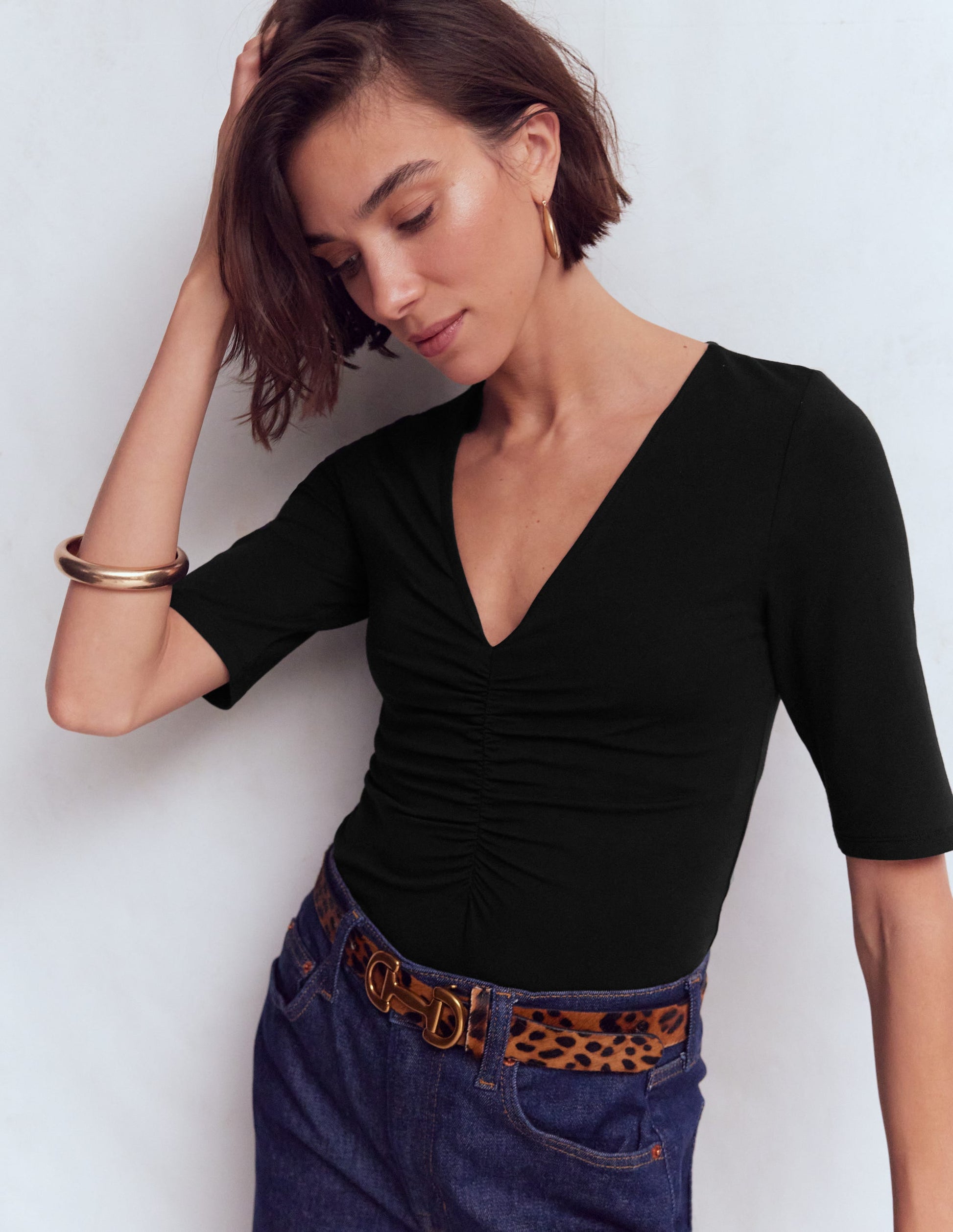 Oberteil mit gerafftem V-Ausschnitt-Schwarz-3