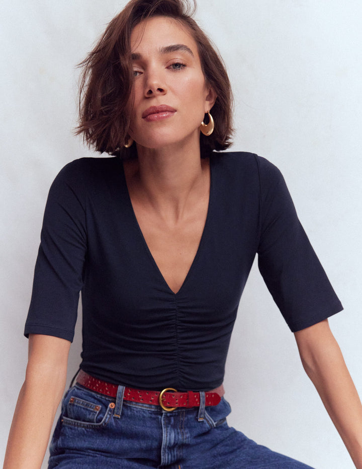 Top Tia froncé à col V-Bleu marine
