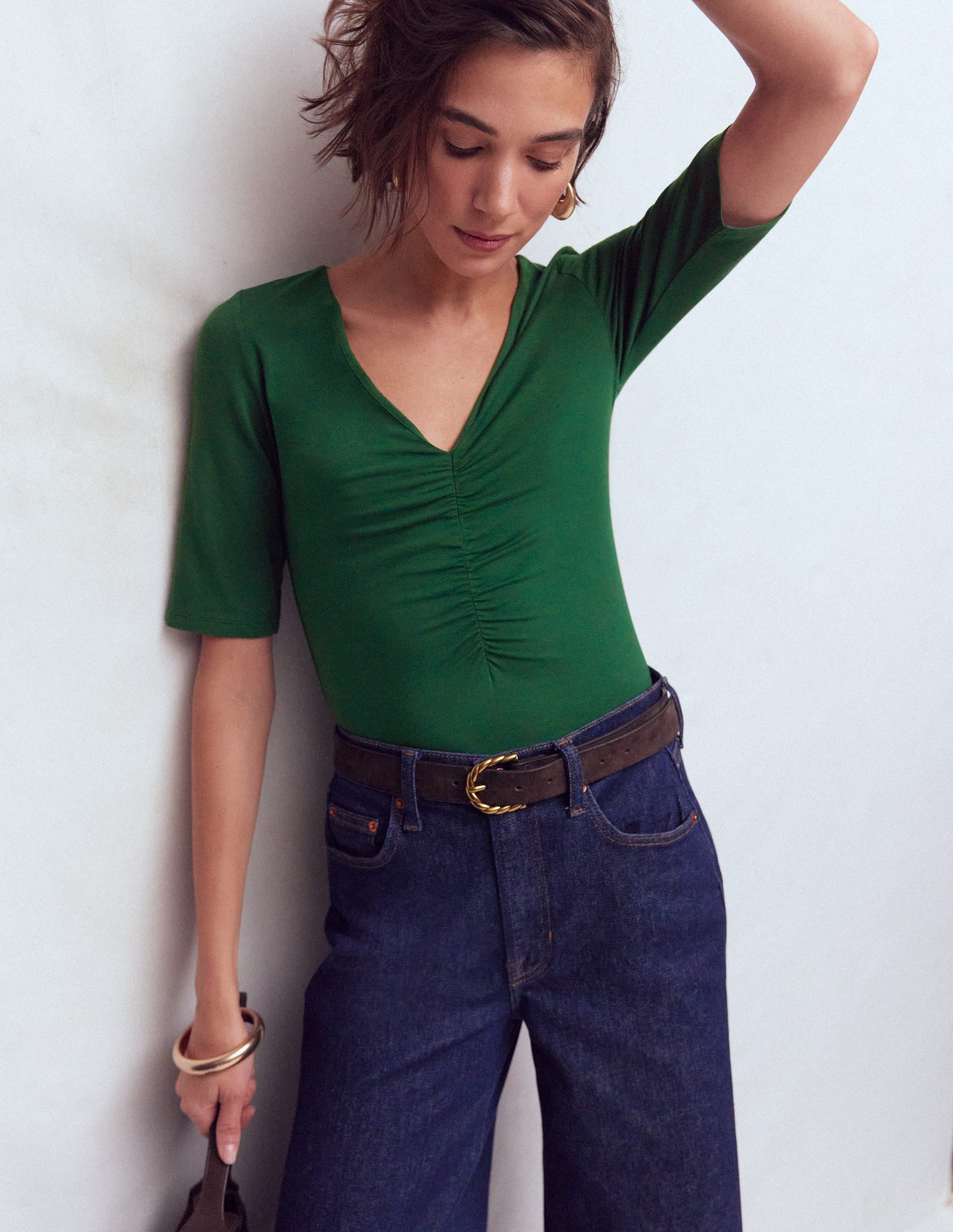 Tia Ruched V-neck Top-Hunter Green - Image 4