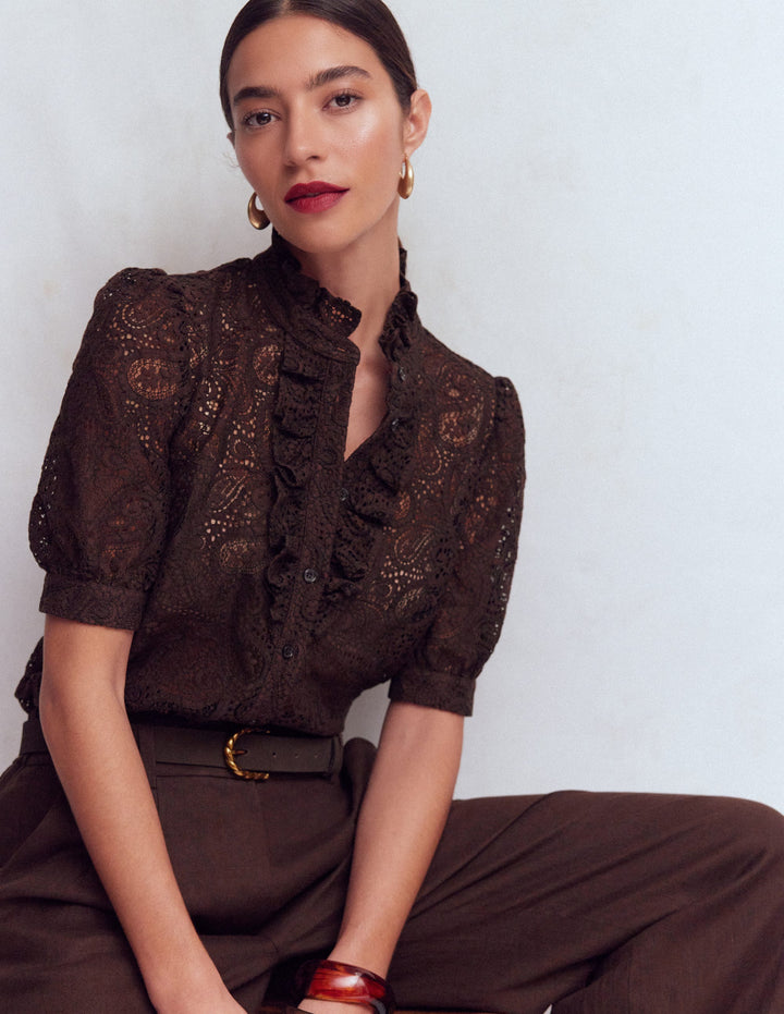 Sasha Kurzärmliges Oberteil mit Spitze-Bitterschokolade