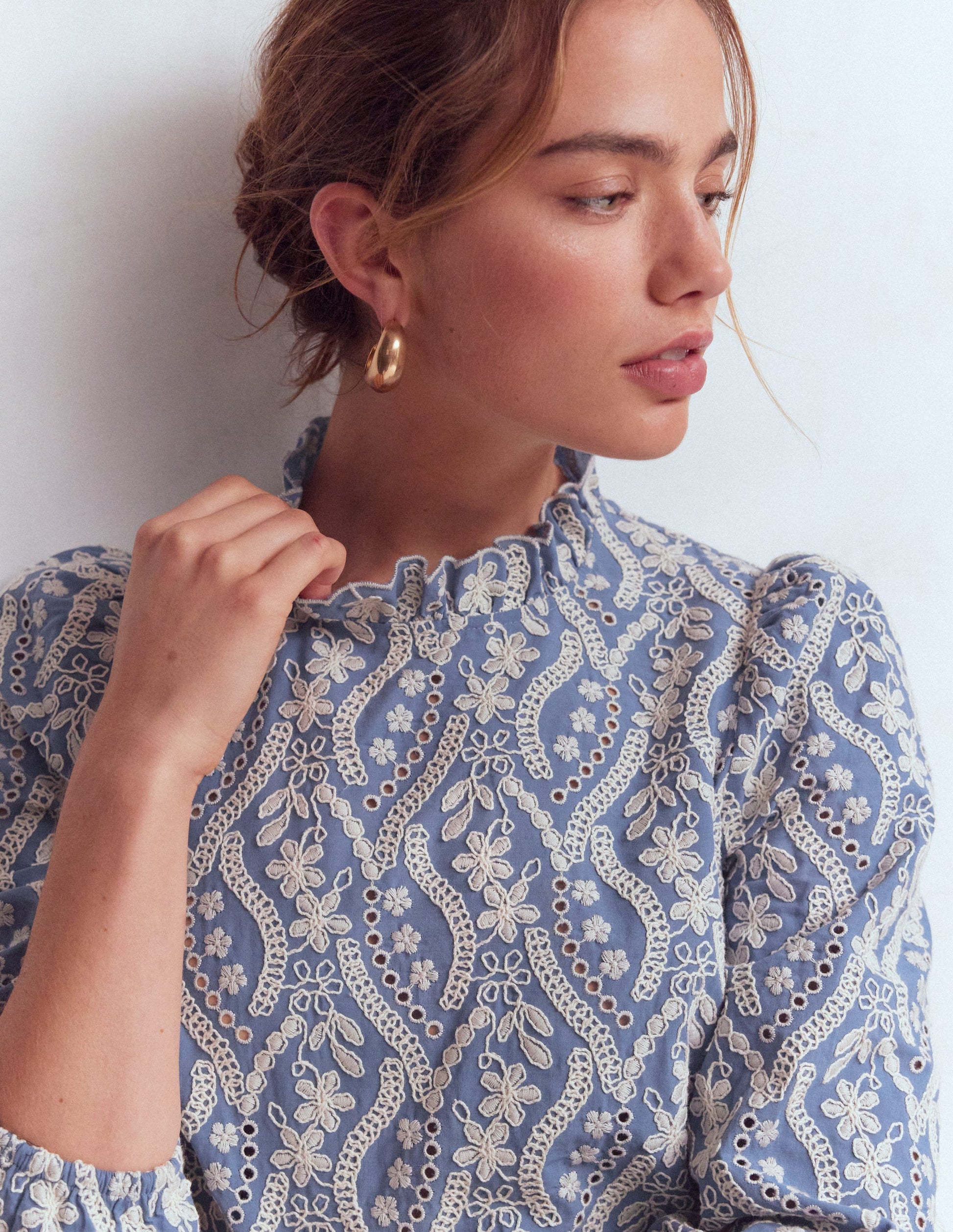 Puff Sleeve Interest Top-Blue and Ivory Broderie-2