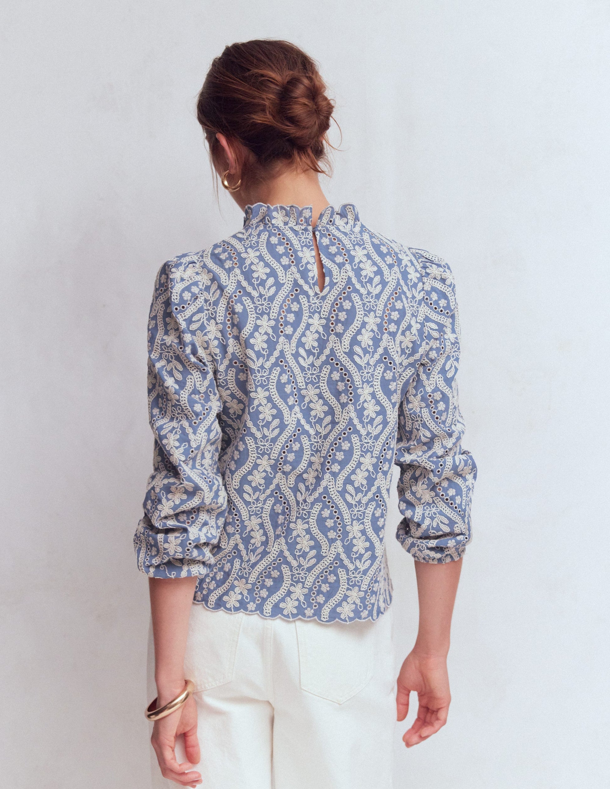 Puff Sleeve Interest Top-Blue and Ivory Broderie-3