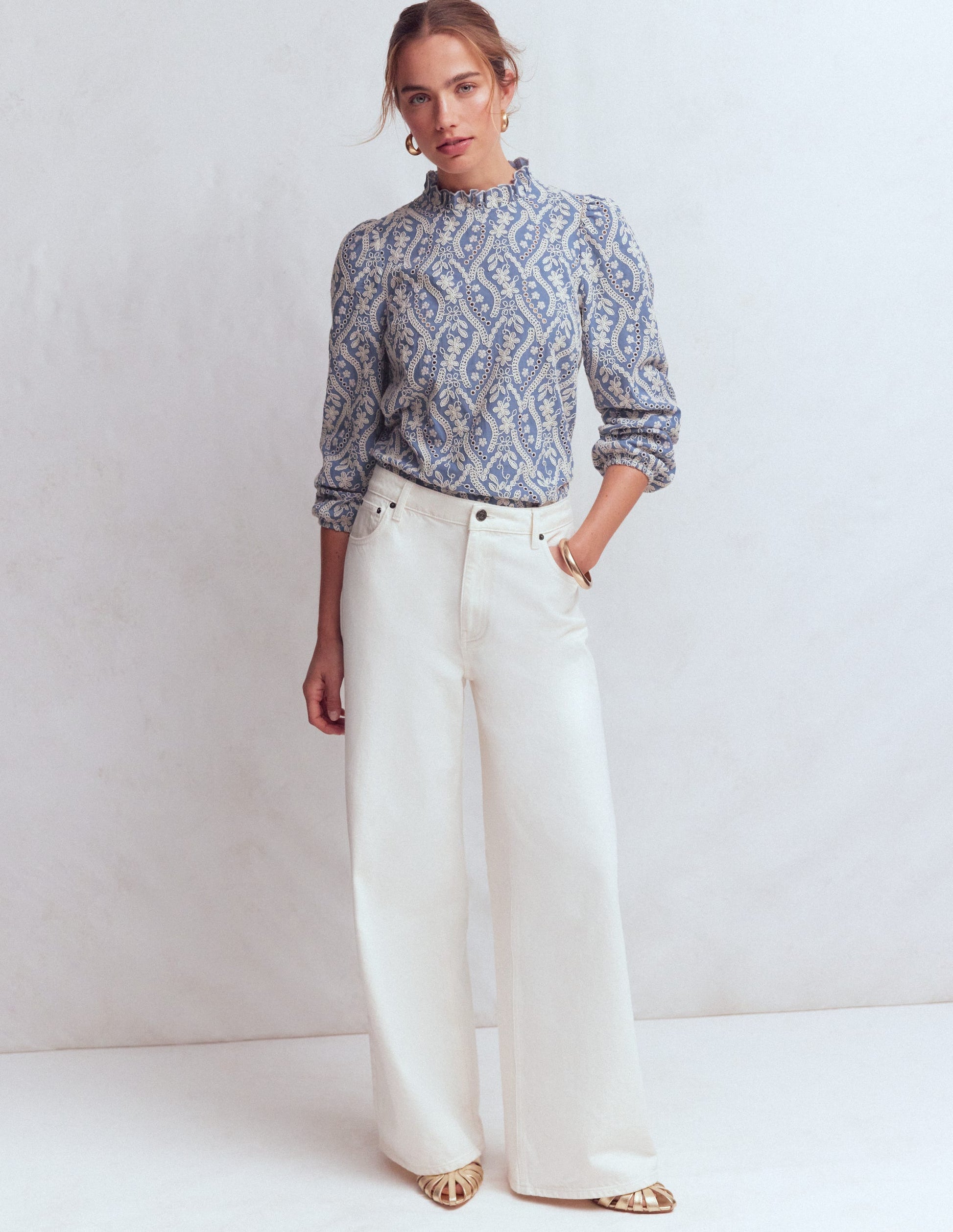 Puff Sleeve Interest Top-Blue and Ivory Broderie-4