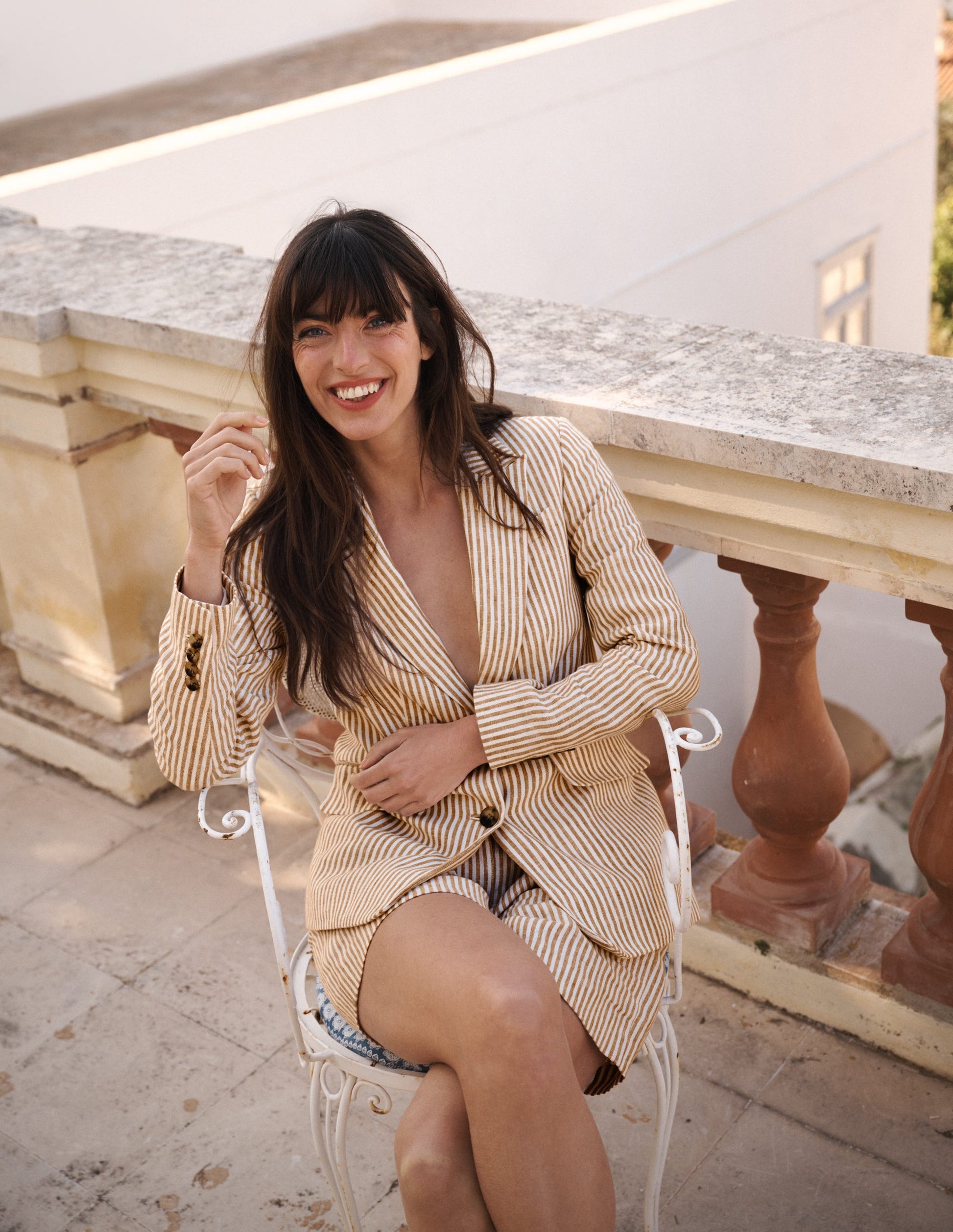 Blazer Stamford en lin-Marron, rayé style coutil ivoire-7