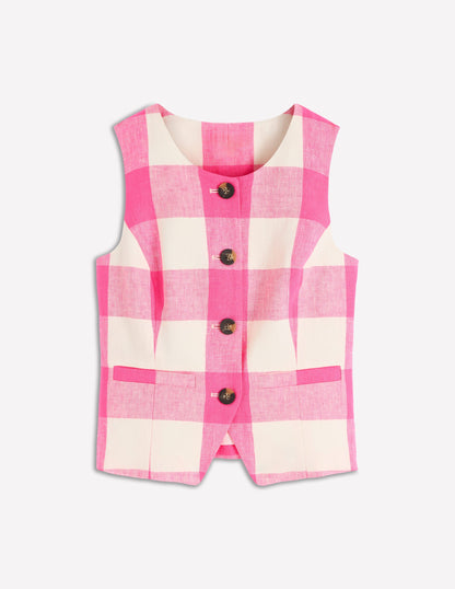Gilet de costume col U en lin-Vichy Rose-5