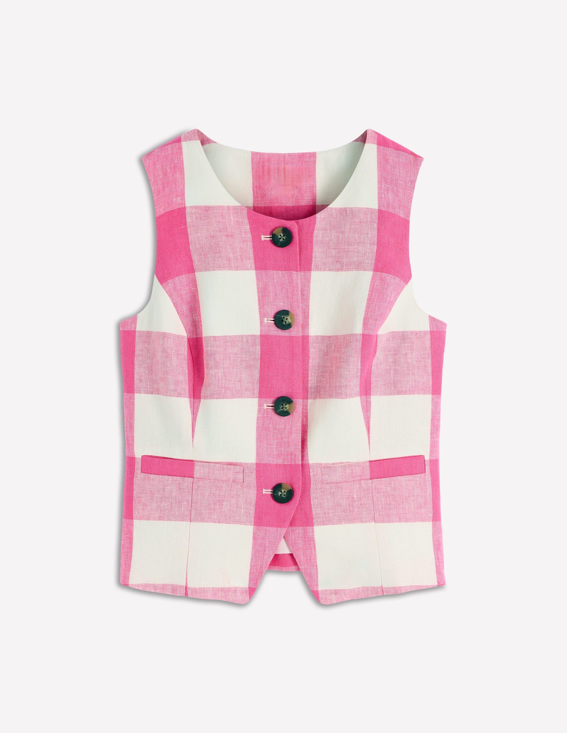 Gilet de costume col U en lin-Vichy punch rose-5