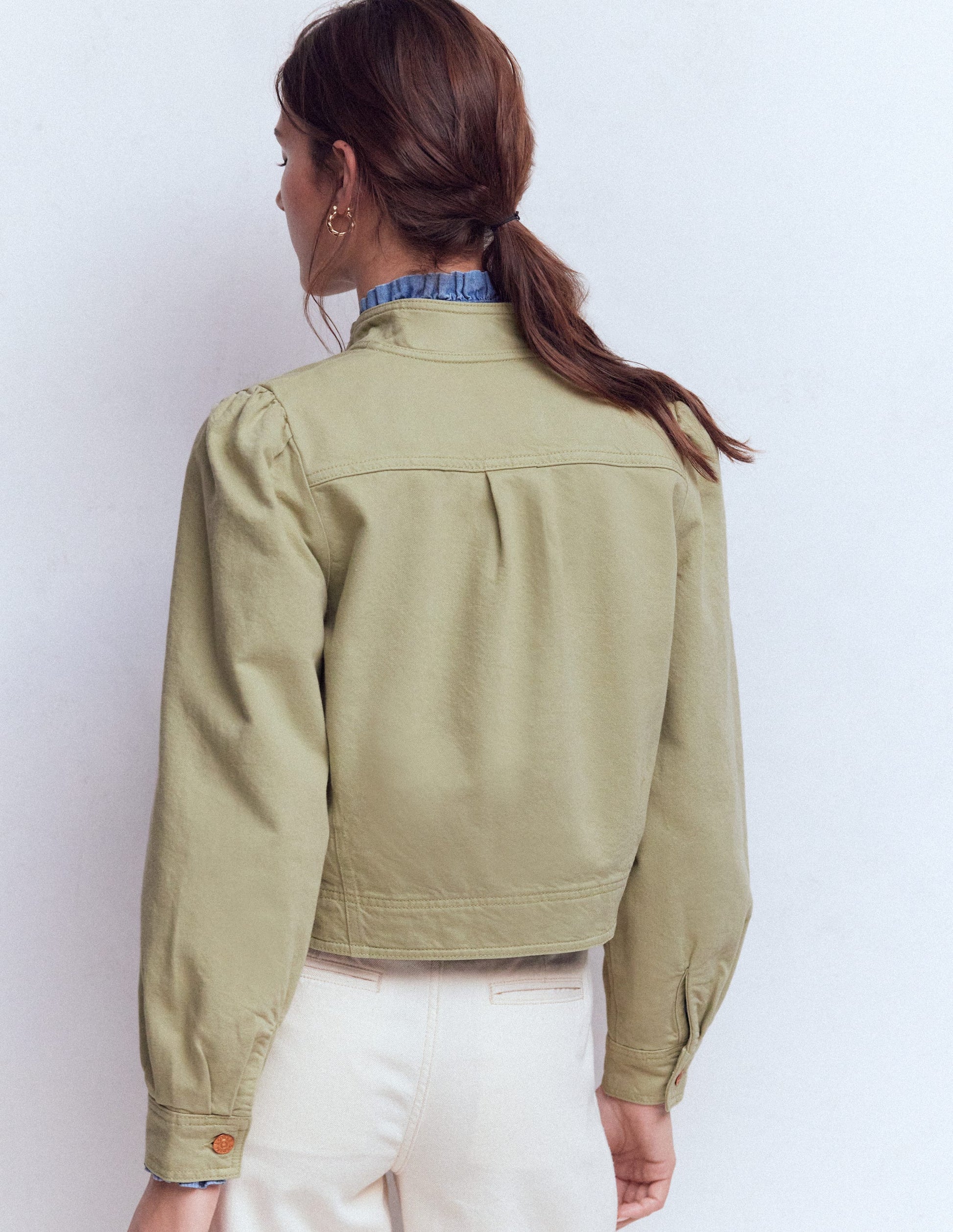 Veste en jean avec surpiqûres-Vert tendre-3